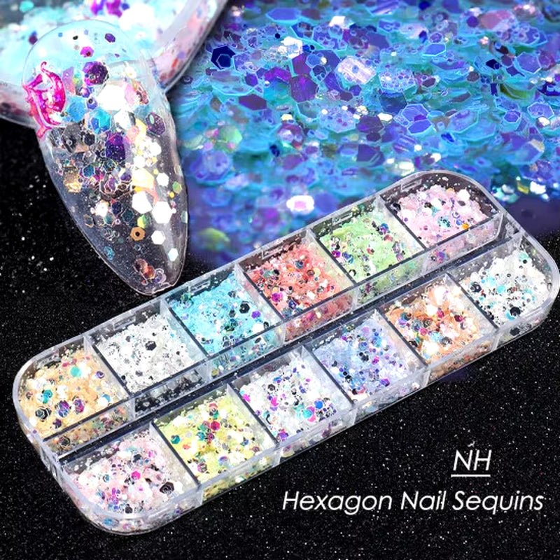 12 - Grid Mermaid Nail Glitter Set: Chameleon Sparkle Sequins for Stunning Manicure Art - Nourishment Tapestry