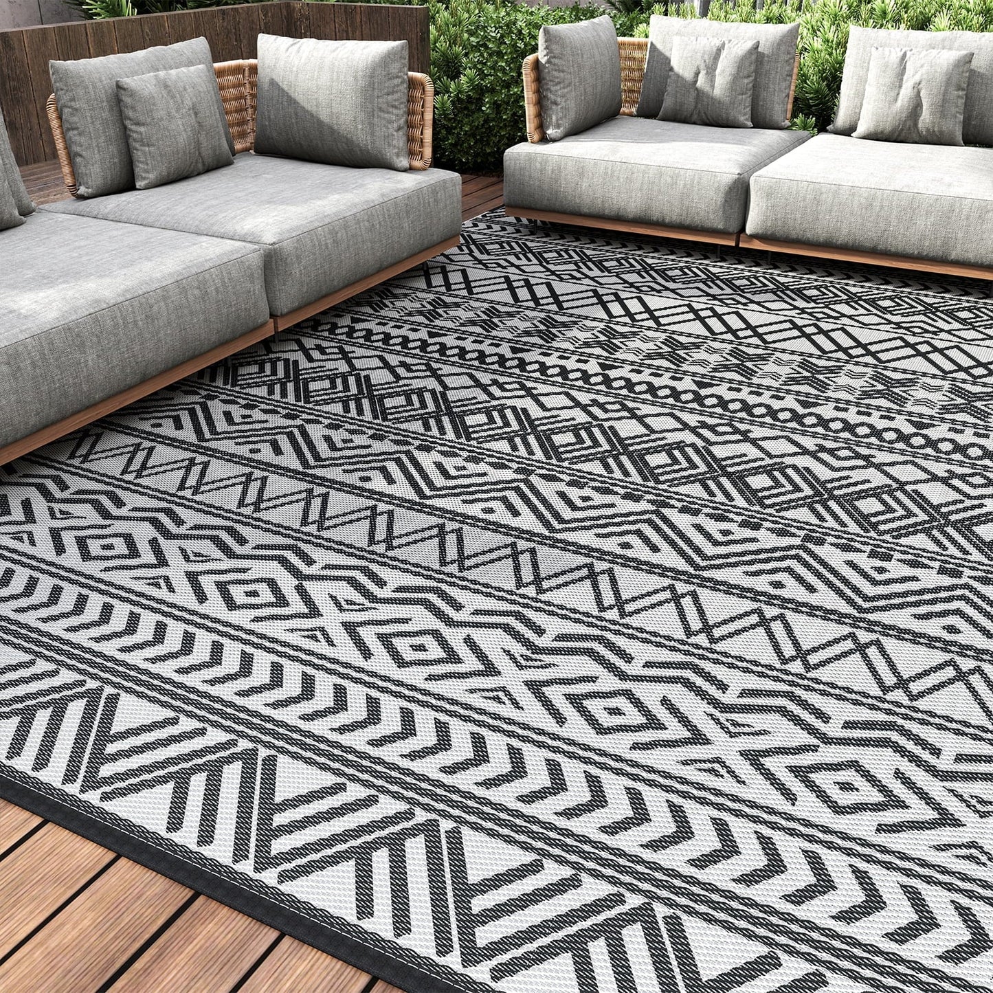 Boho Reversible Outdoor Rug 5x8: Waterproof Grey/White Patio Mat for RV, Camping, Deck - Nourishment Tapestry