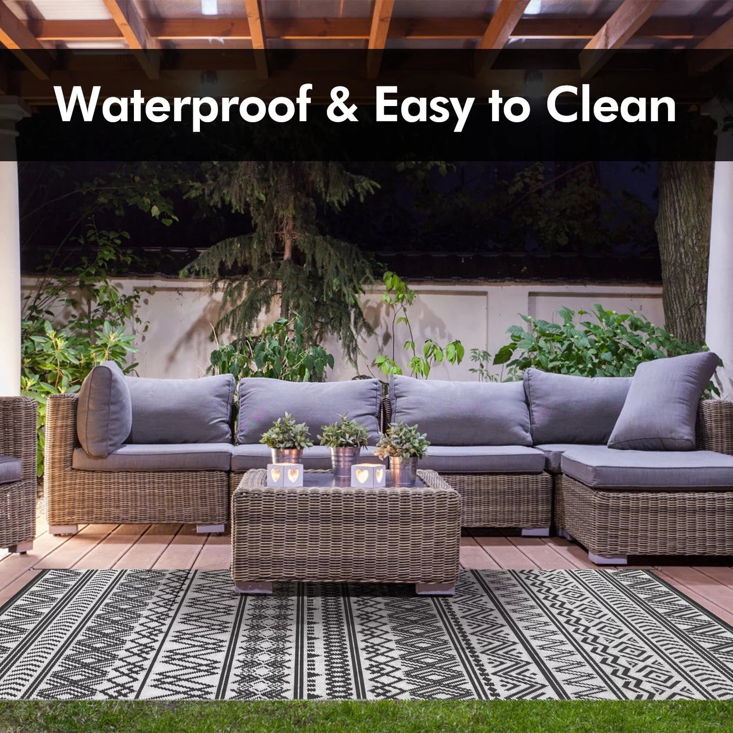 Boho Reversible Outdoor Rug 5x8: Waterproof Grey/White Patio Mat for RV, Camping, Deck - Nourishment Tapestry