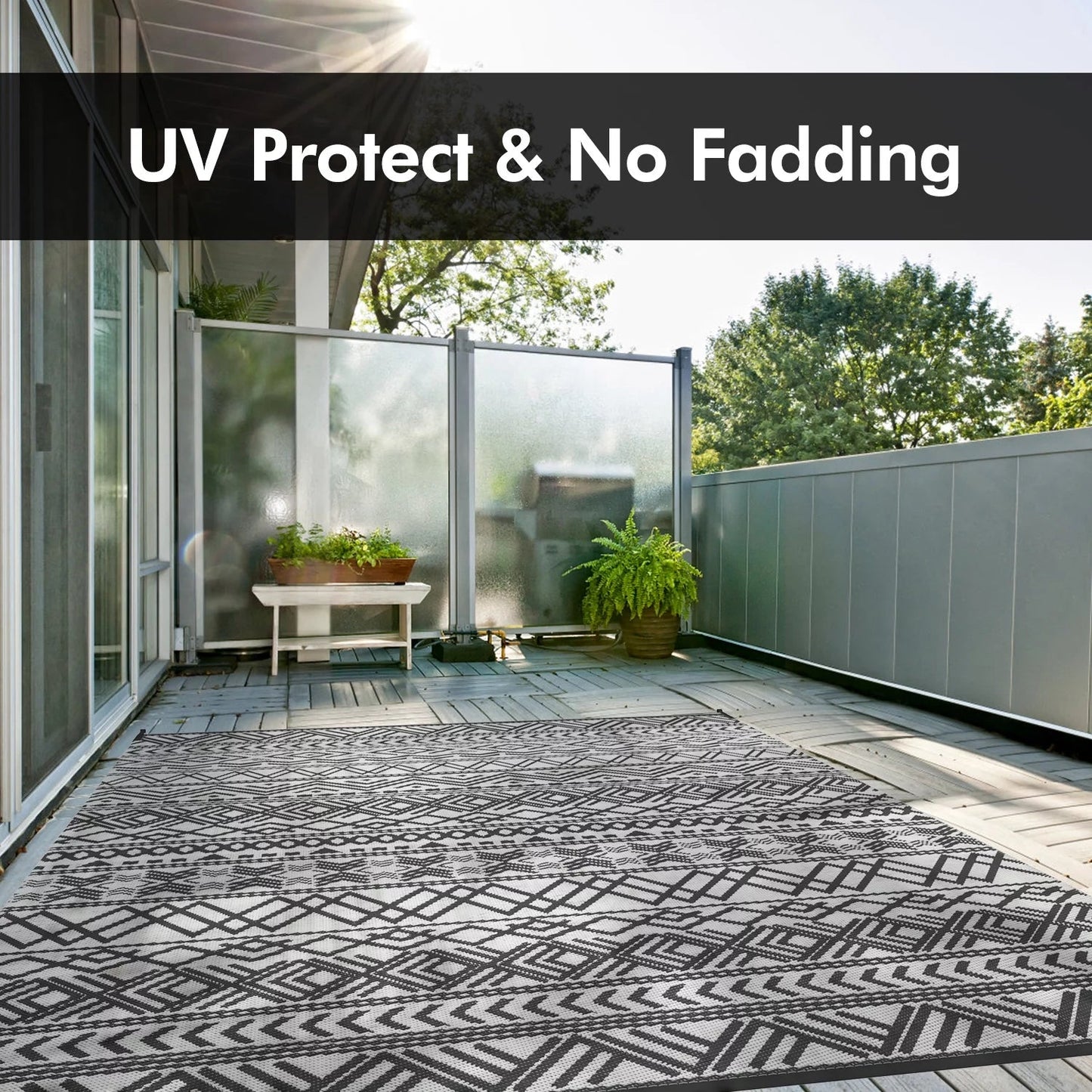 Boho Reversible Outdoor Rug 5x8: Waterproof Grey/White Patio Mat for RV, Camping, Deck - Nourishment Tapestry