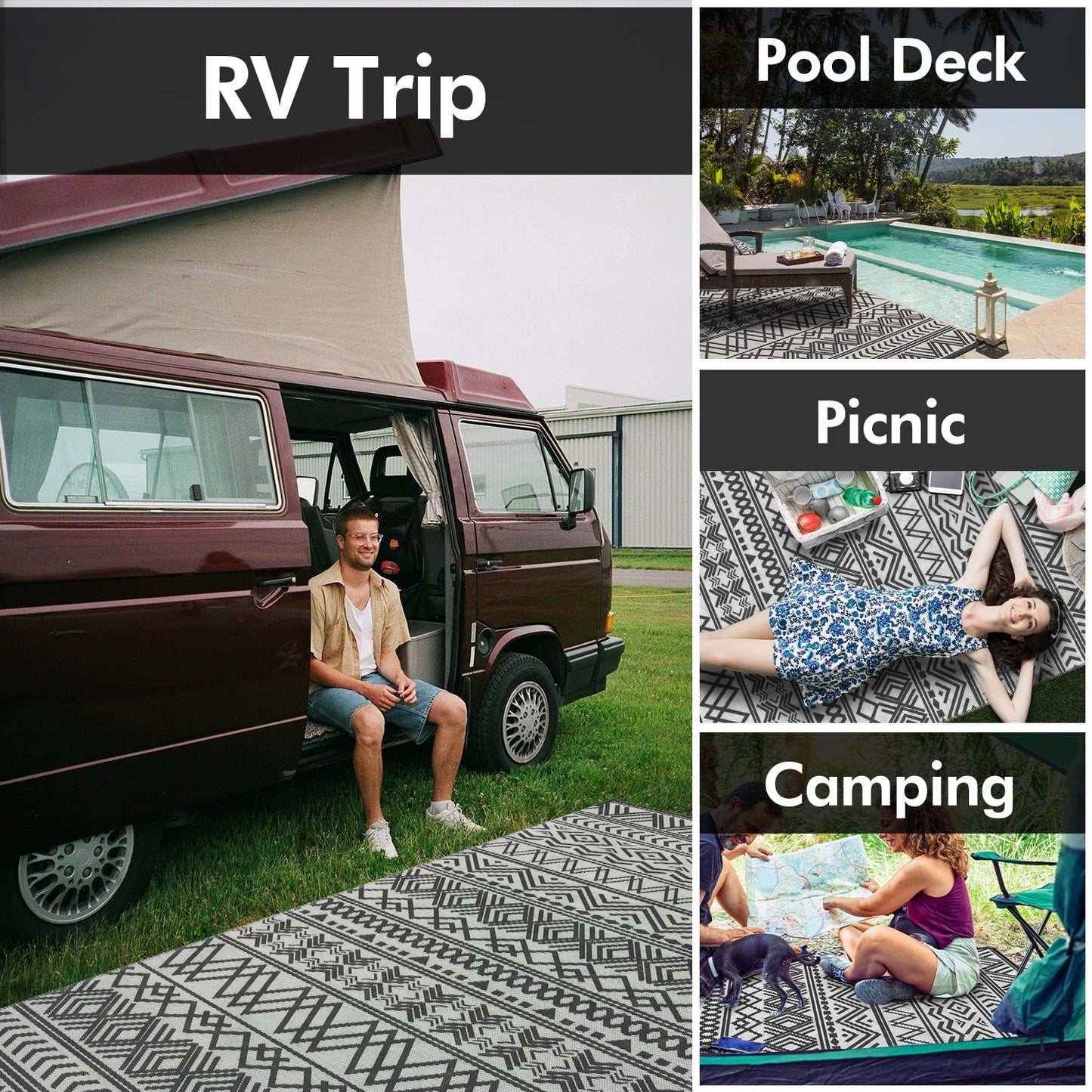 Boho Reversible Outdoor Rug 5x8: Waterproof Grey/White Patio Mat for RV, Camping, Deck - Nourishment Tapestry