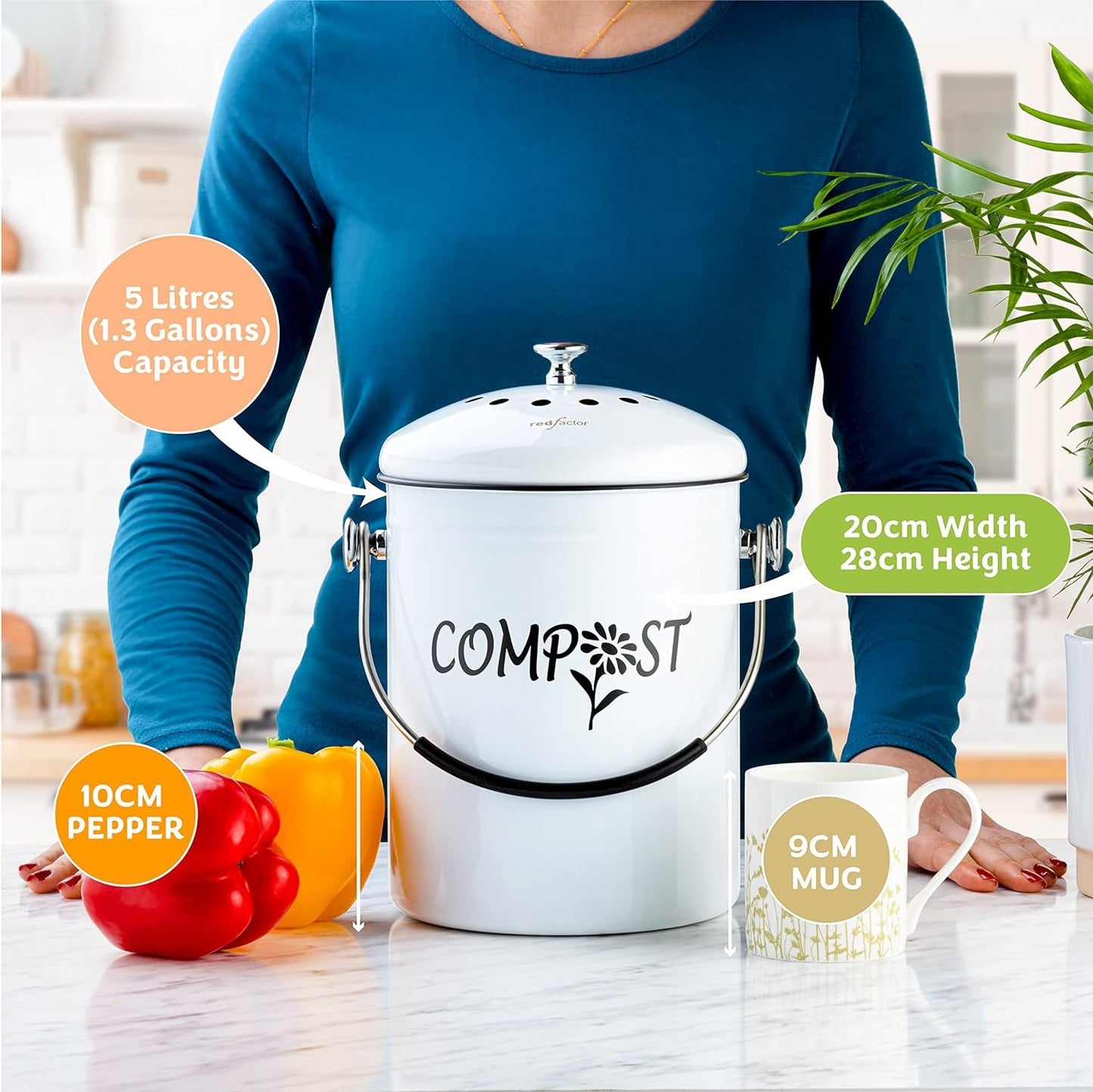Deluxe Stainless Steel Compost Bin for Kitchen - Dual Filter Technology - 5L Capacity - Includes Replacement Filters - Nourishment Tapestry