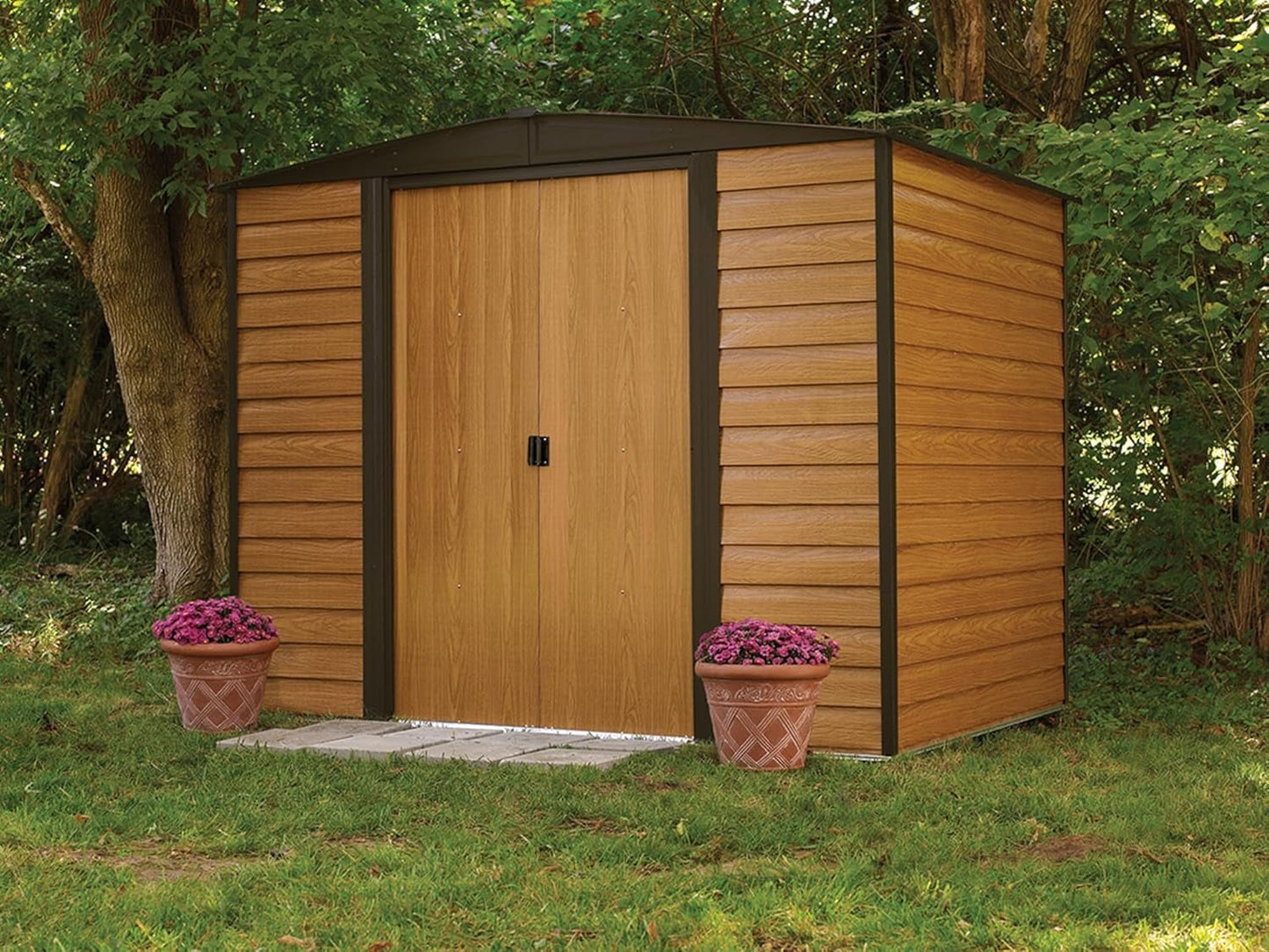 Durable 8x6 Ft Steel Storage Shed: Stylish Coffee/Woodgrain Design - Nourishment Tapestry