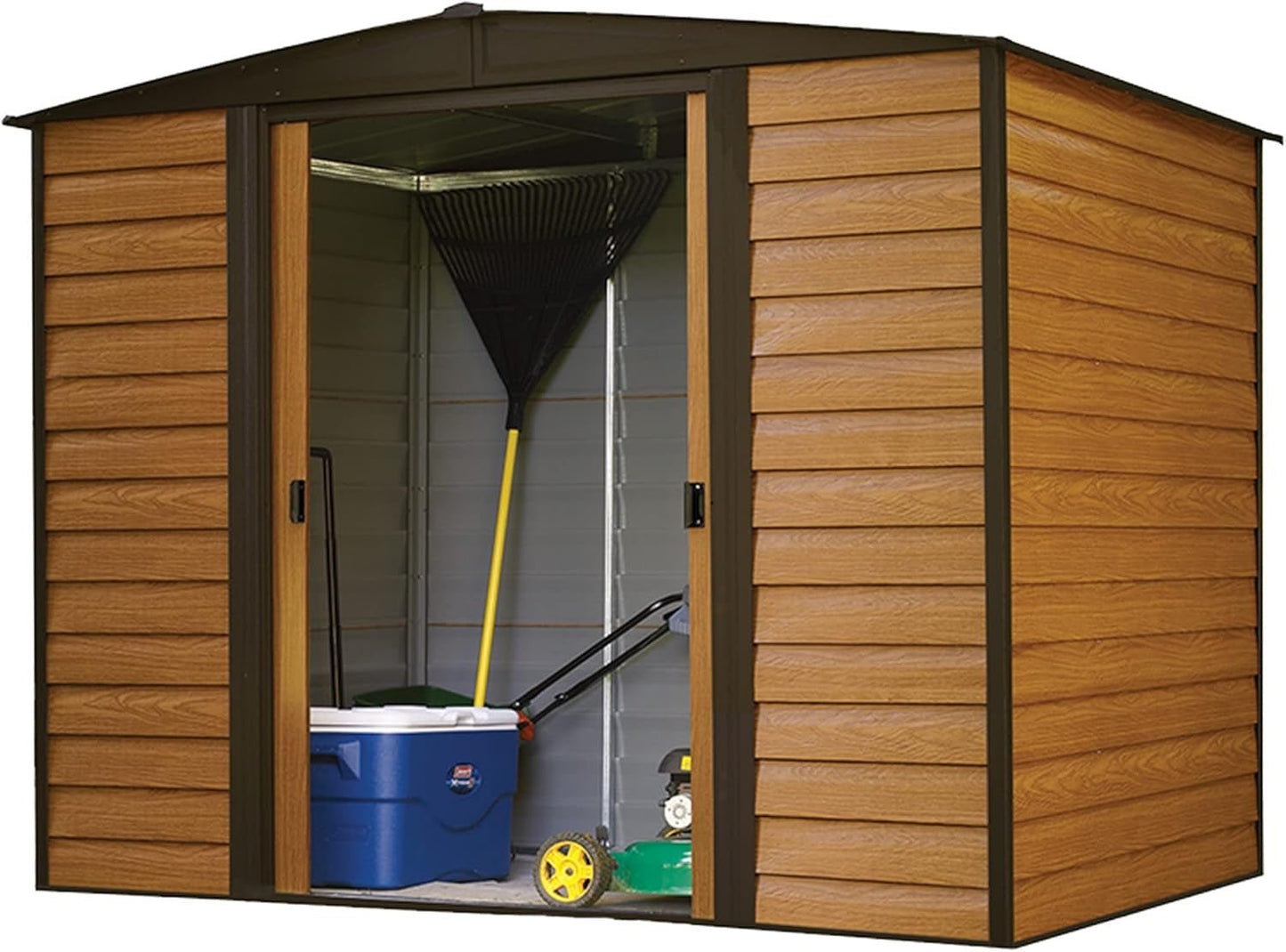 Durable 8x6 Ft Steel Storage Shed: Stylish Coffee/Woodgrain Design - Nourishment Tapestry