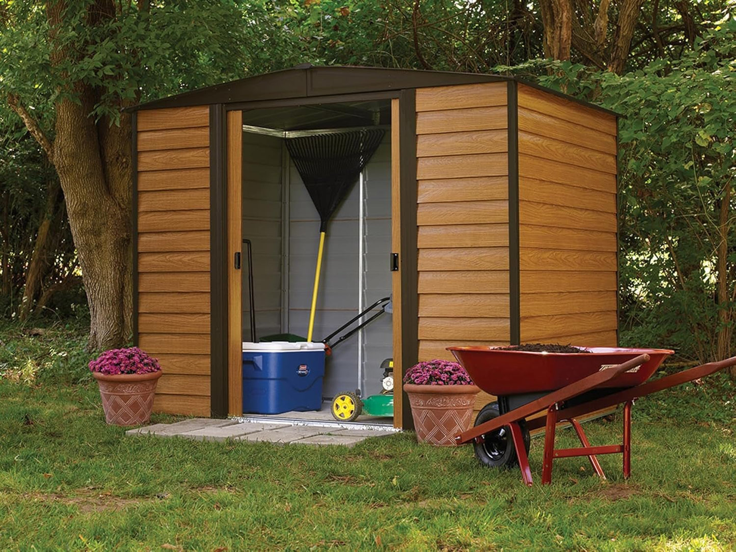 Durable 8x6 Ft Steel Storage Shed: Stylish Coffee/Woodgrain Design - Nourishment Tapestry
