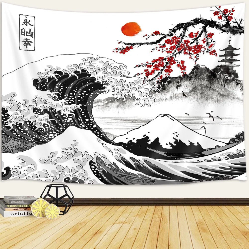 "Japanese Cherry Blossom Mount Red Sun Tapestry - Large Wall Decor for Bedroom and Living Room - Shop Now!" - Nourishment Tapestry