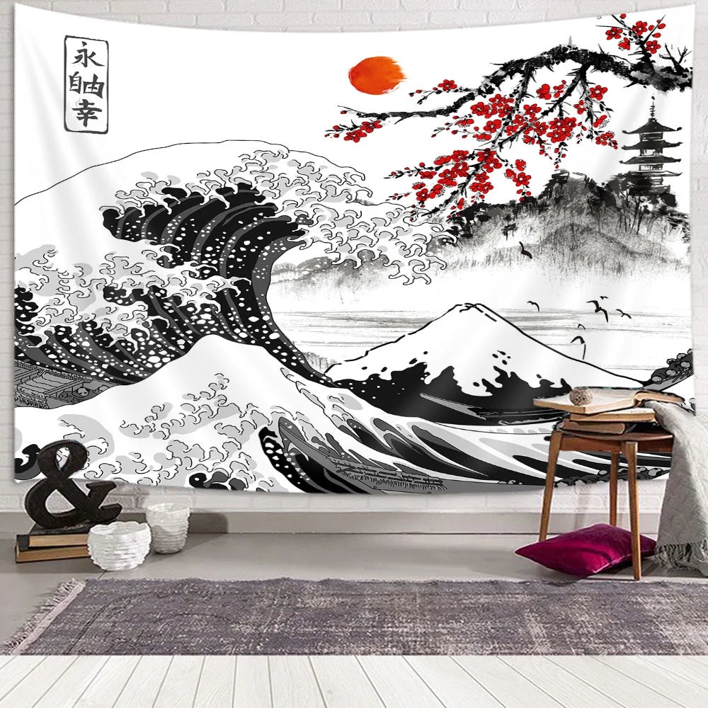 "Japanese Cherry Blossom Mount Red Sun Tapestry - Large Wall Decor for Bedroom and Living Room - Shop Now!" - Nourishment Tapestry