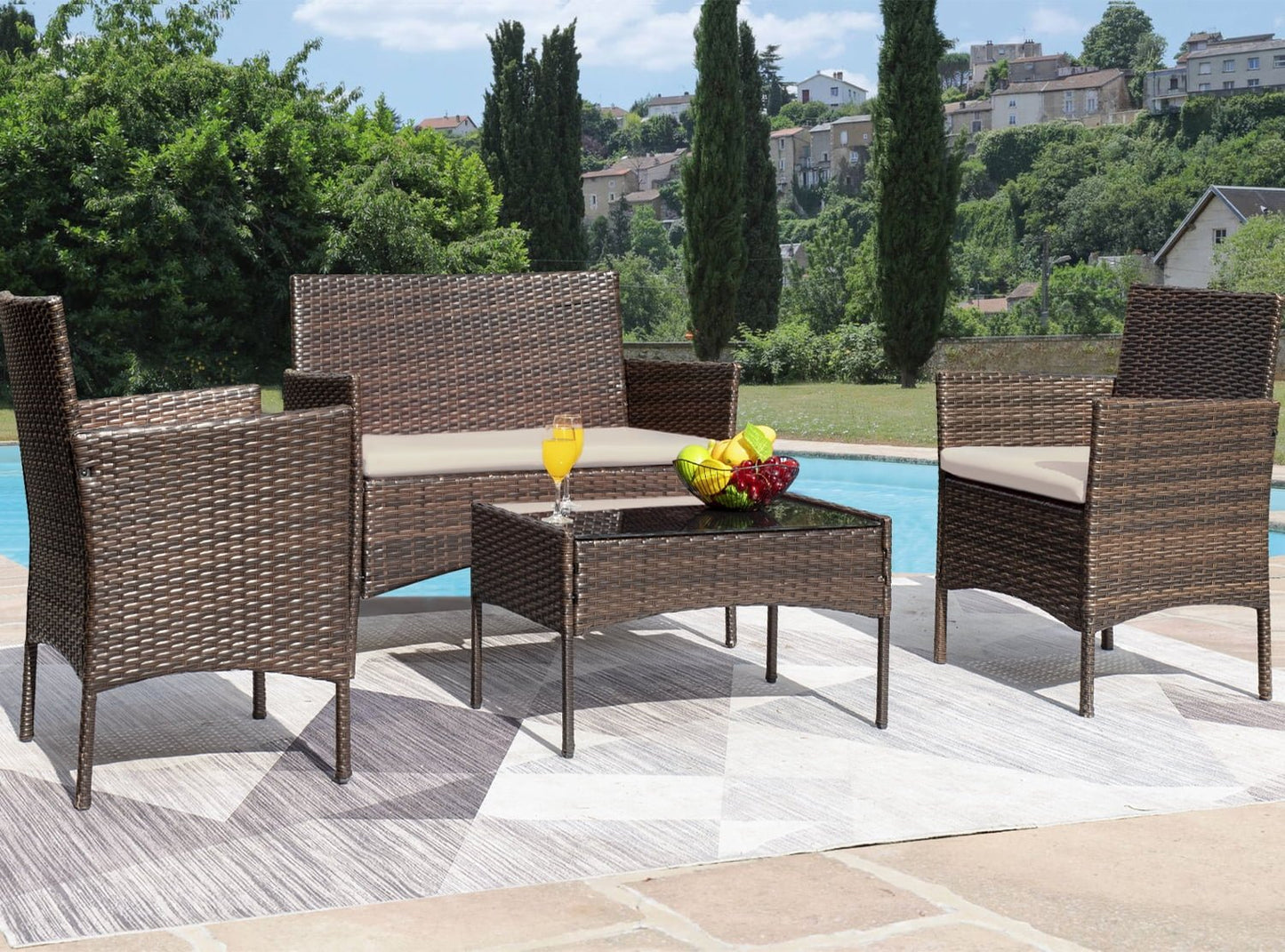 Luxurious 4 - Piece Rattan Patio Set with Cushioned Comfort and Elegant Glass Table - Nourishment Tapestry