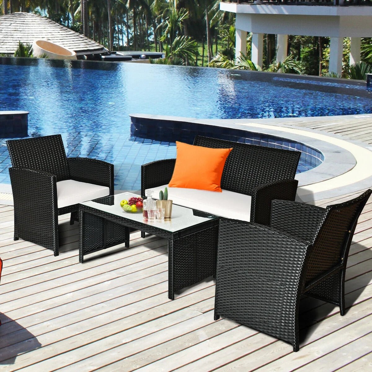 Luxury Black Rattan Patio Set: 4 - Piece Cushioned Sofa & Table for Outdoor Comfort - Nourishment Tapestry