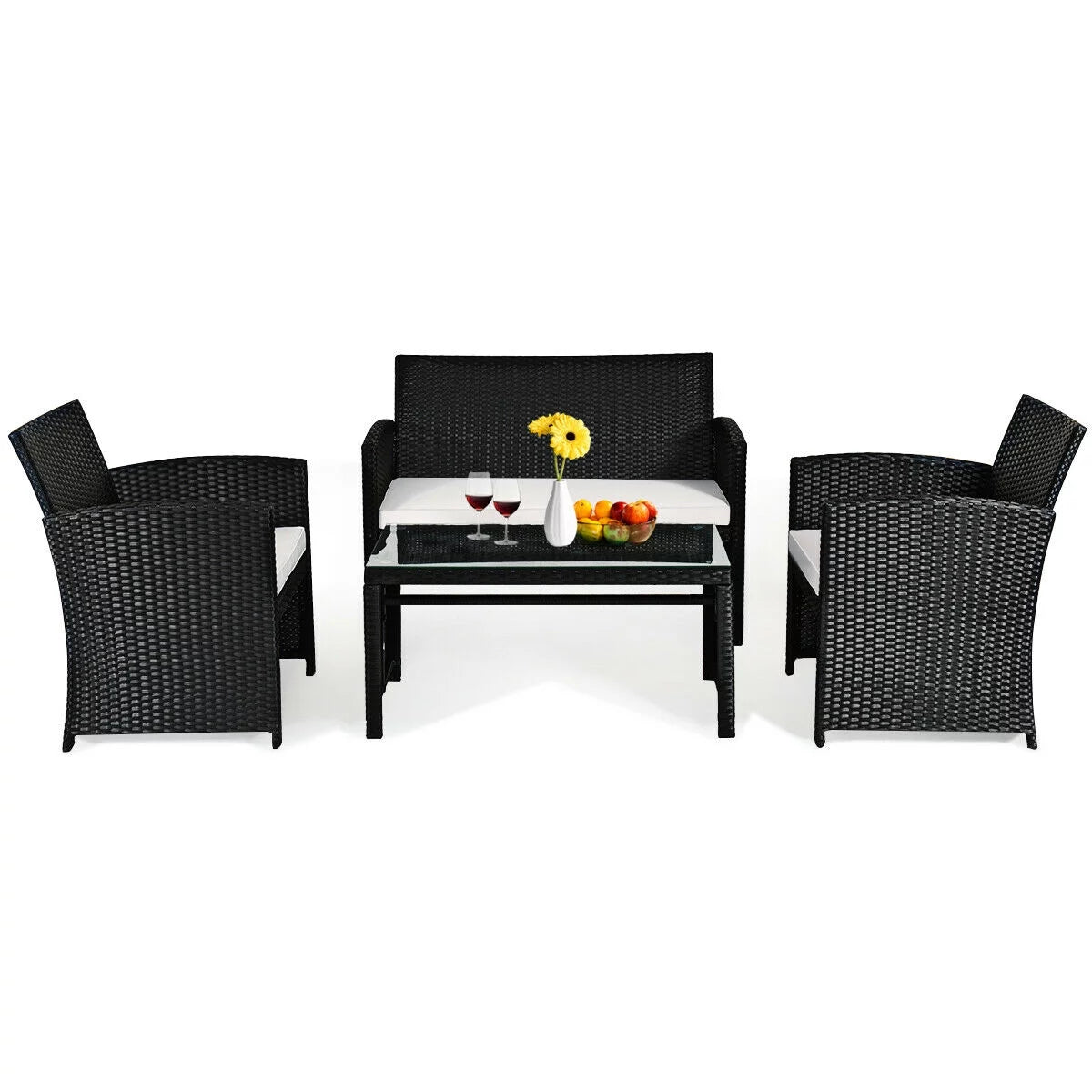 Luxury Black Rattan Patio Set: 4 - Piece Cushioned Sofa & Table for Outdoor Comfort - Nourishment Tapestry
