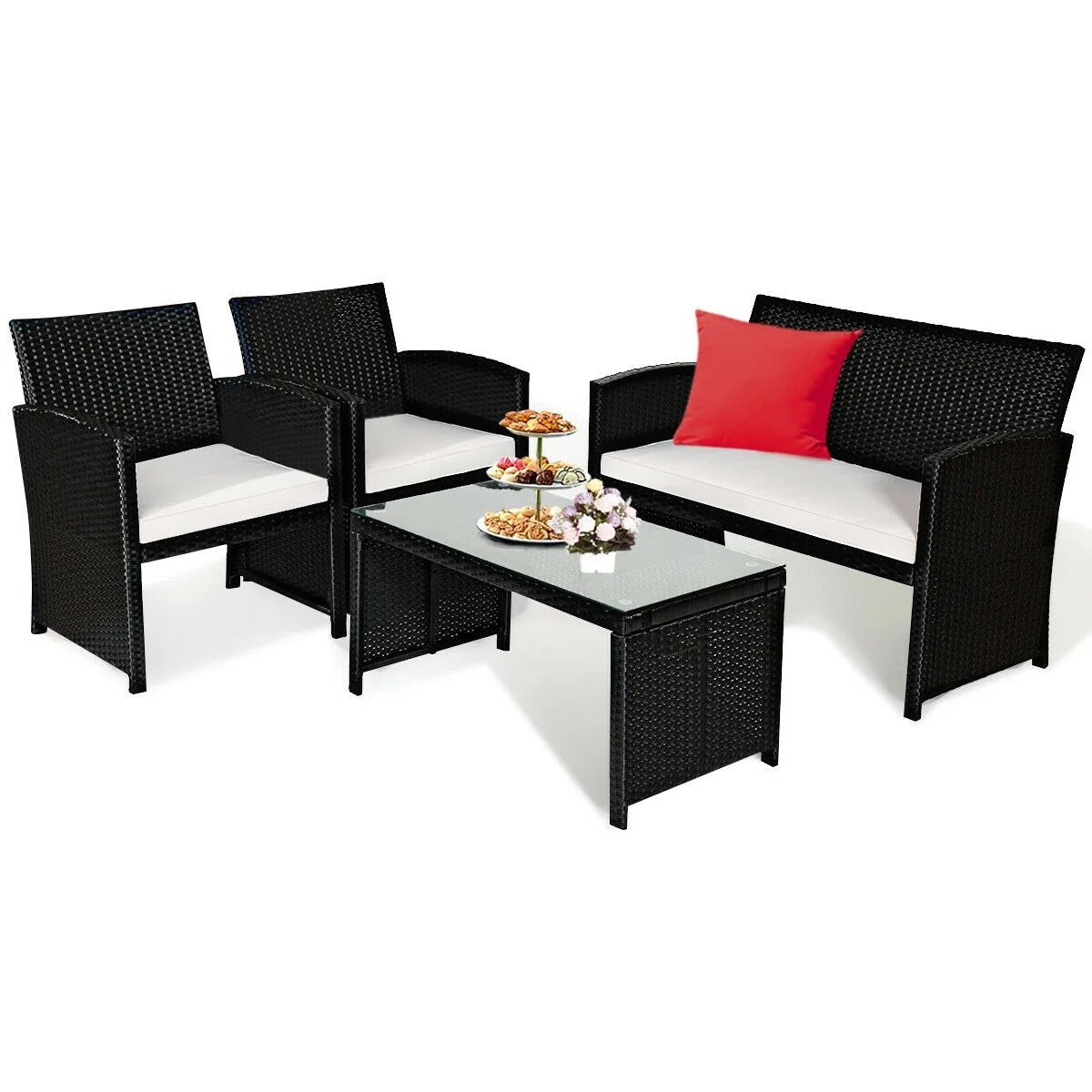 Luxury Black Rattan Patio Set: 4 - Piece Cushioned Sofa & Table for Outdoor Comfort - Nourishment Tapestry