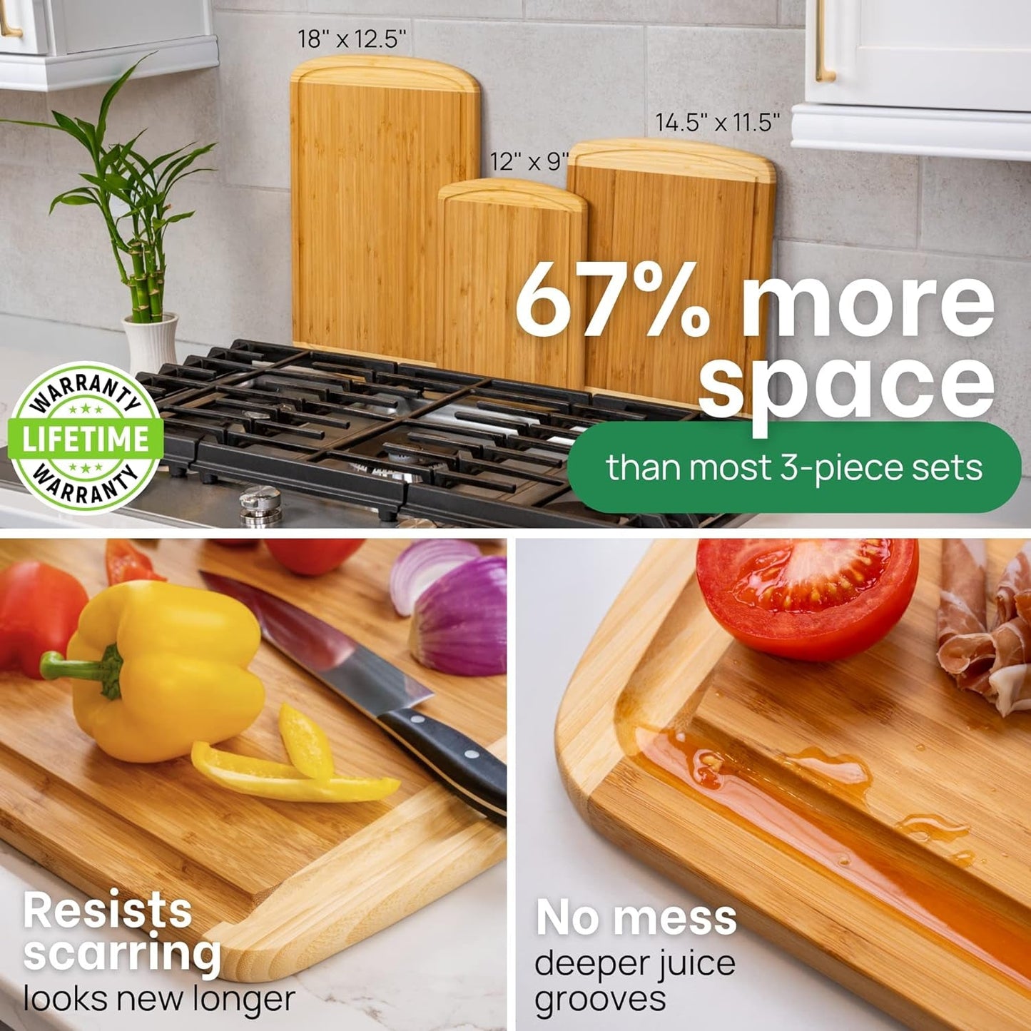 Organic Bamboo Cutting Board Set: 3 - Piece Kitchen Essential with Juice Groove & Lifetime Warranty - Nourishment Tapestry
