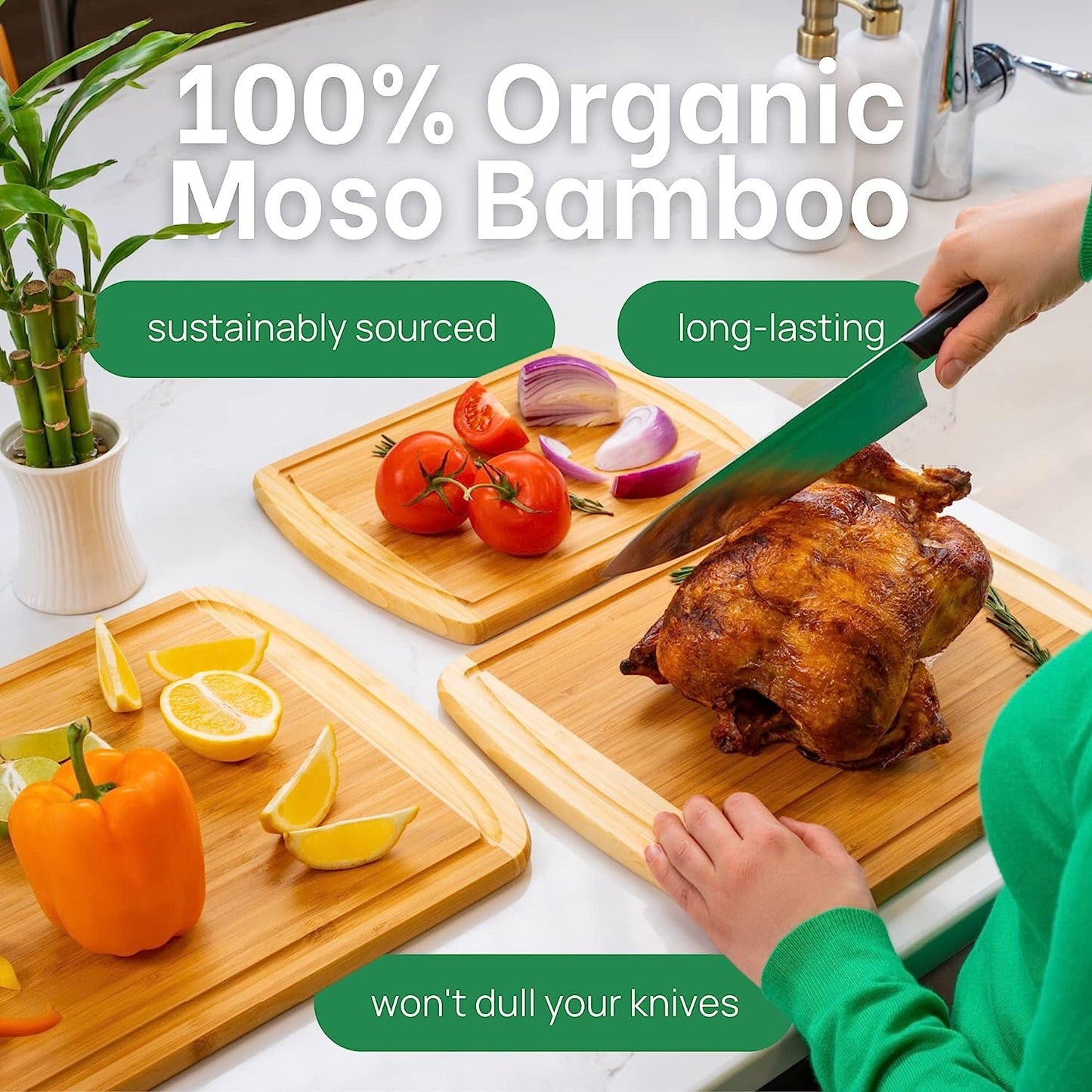 Organic Bamboo Cutting Board Set: 3 - Piece Kitchen Essential with Juice Groove & Lifetime Warranty - Nourishment Tapestry