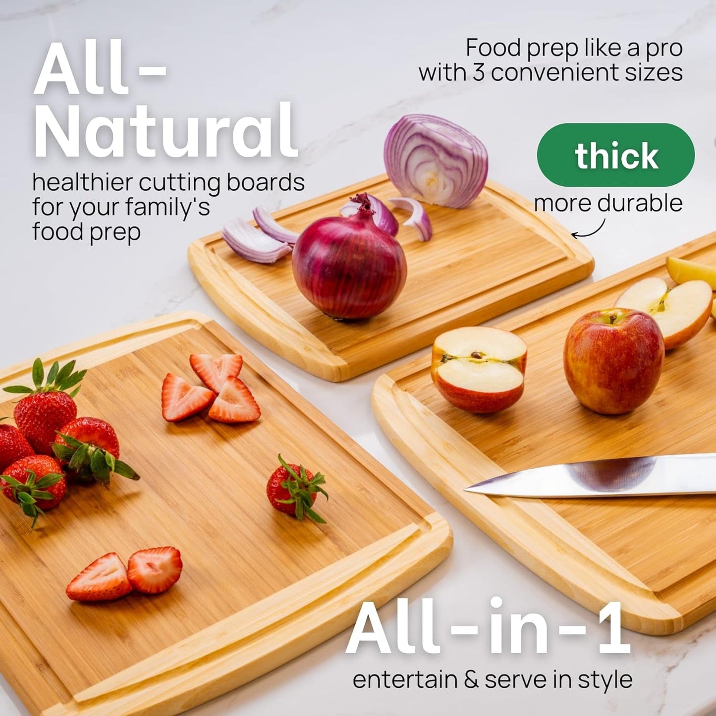 Organic Bamboo Cutting Board Set: 3 - Piece Kitchen Essential with Juice Groove & Lifetime Warranty - Nourishment Tapestry