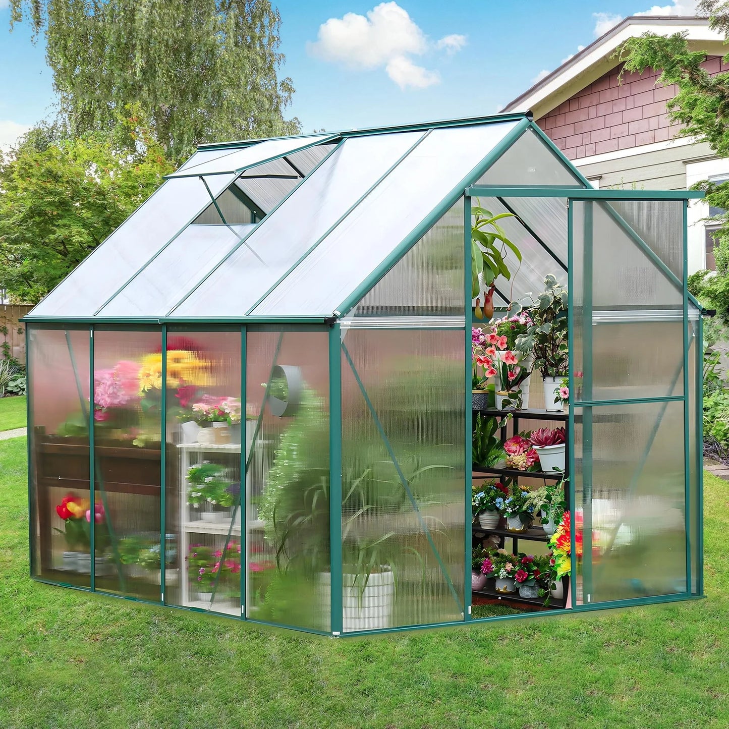 Premium 6x8 FT Polycarbonate Greenhouse with Sliding Door & Aluminum Frame - Nourishment Tapestry