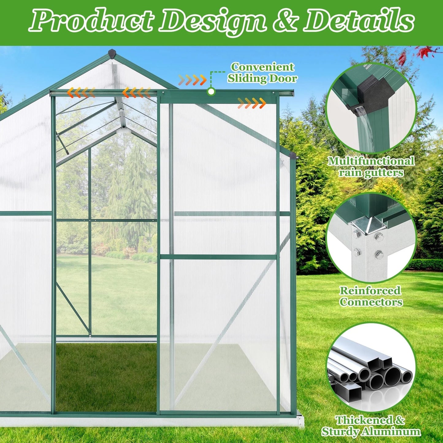 Premium 6x8 FT Polycarbonate Greenhouse with Sliding Door & Aluminum Frame - Nourishment Tapestry