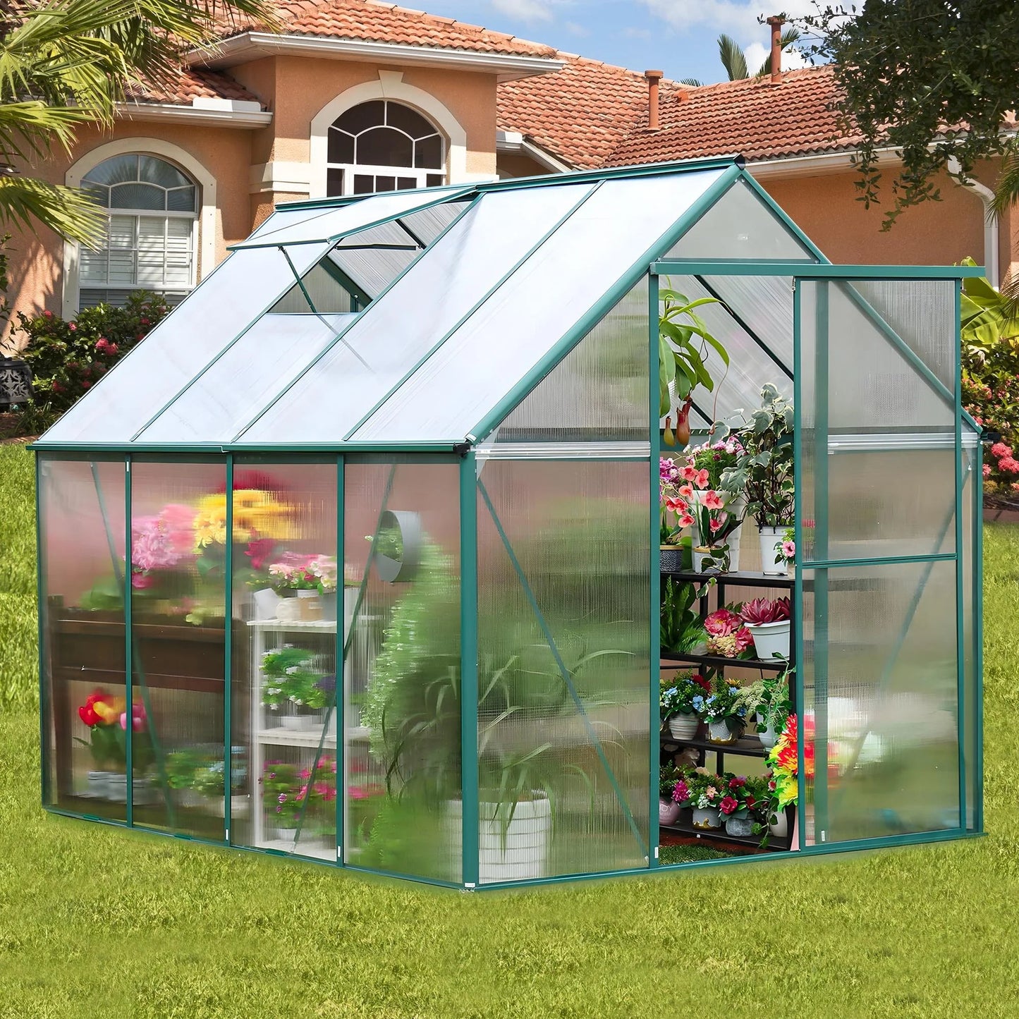 Premium 6x8 FT Polycarbonate Greenhouse with Sliding Door & Aluminum Frame - Nourishment Tapestry