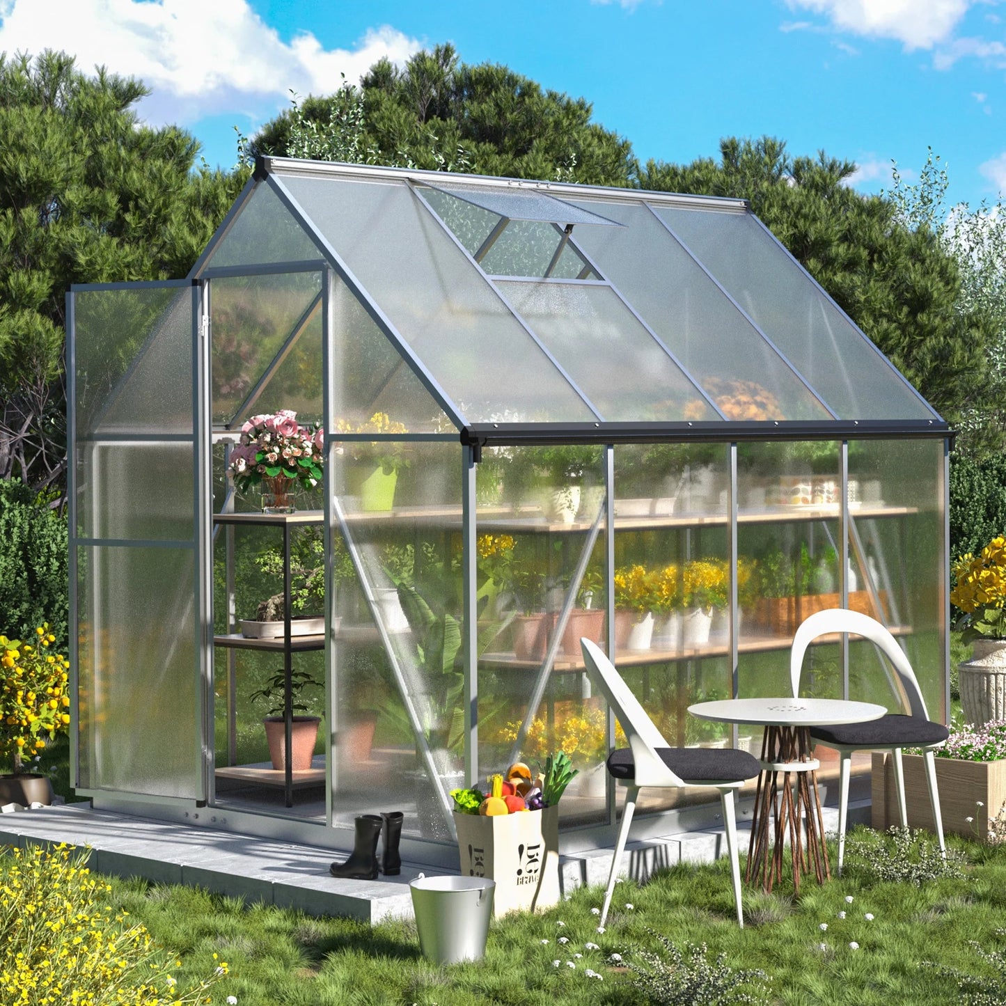 Premium 6x8 Walk - In Polycarbonate Greenhouse with Silver Frame, Roof Vent, and Lockable Doors - Nourishment Tapestry