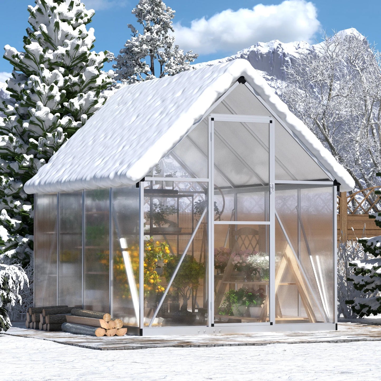 Premium 6x8 Walk - In Polycarbonate Greenhouse with Silver Frame, Roof Vent, and Lockable Doors - Nourishment Tapestry