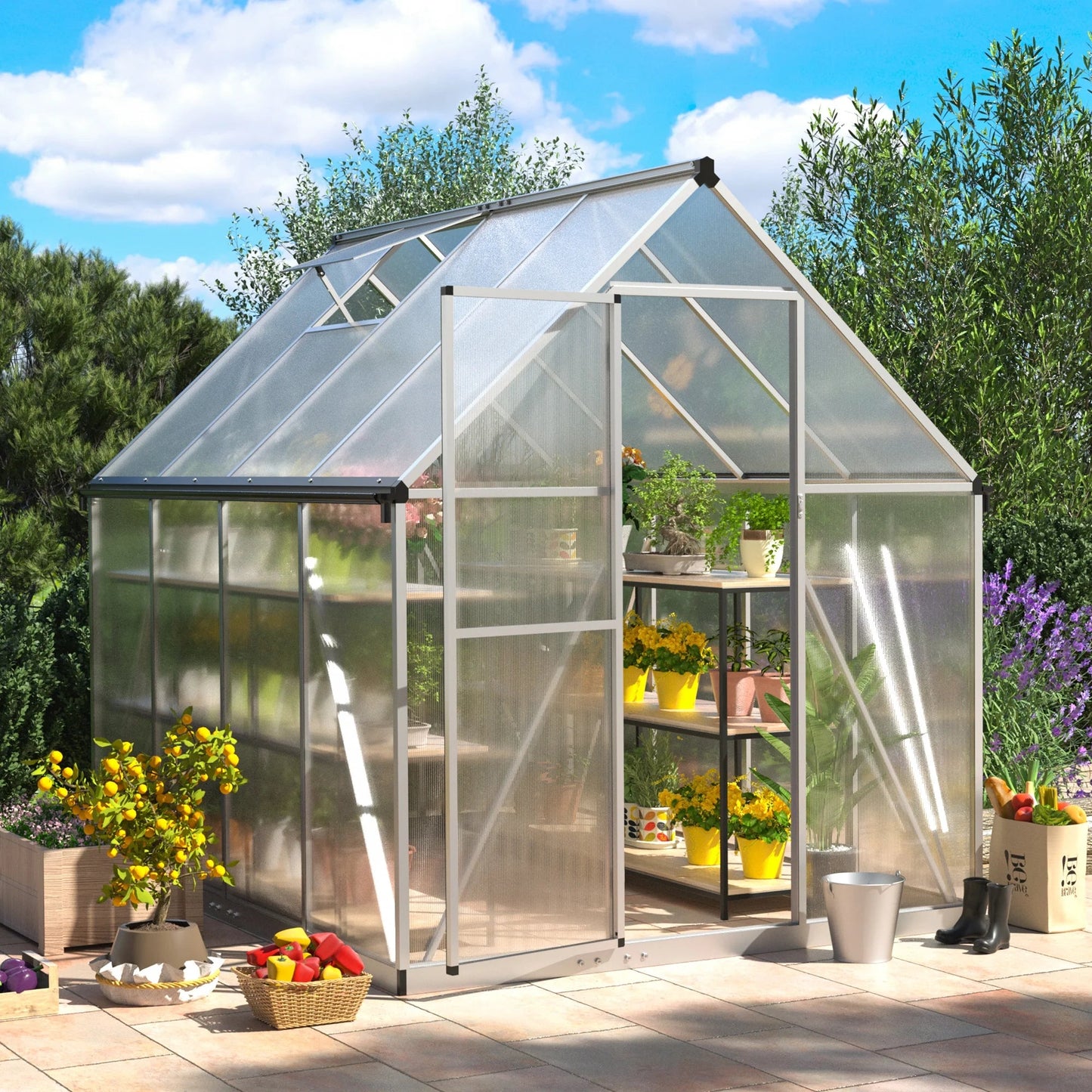 Premium 6x8 Walk - In Polycarbonate Greenhouse with Silver Frame, Roof Vent, and Lockable Doors - Nourishment Tapestry