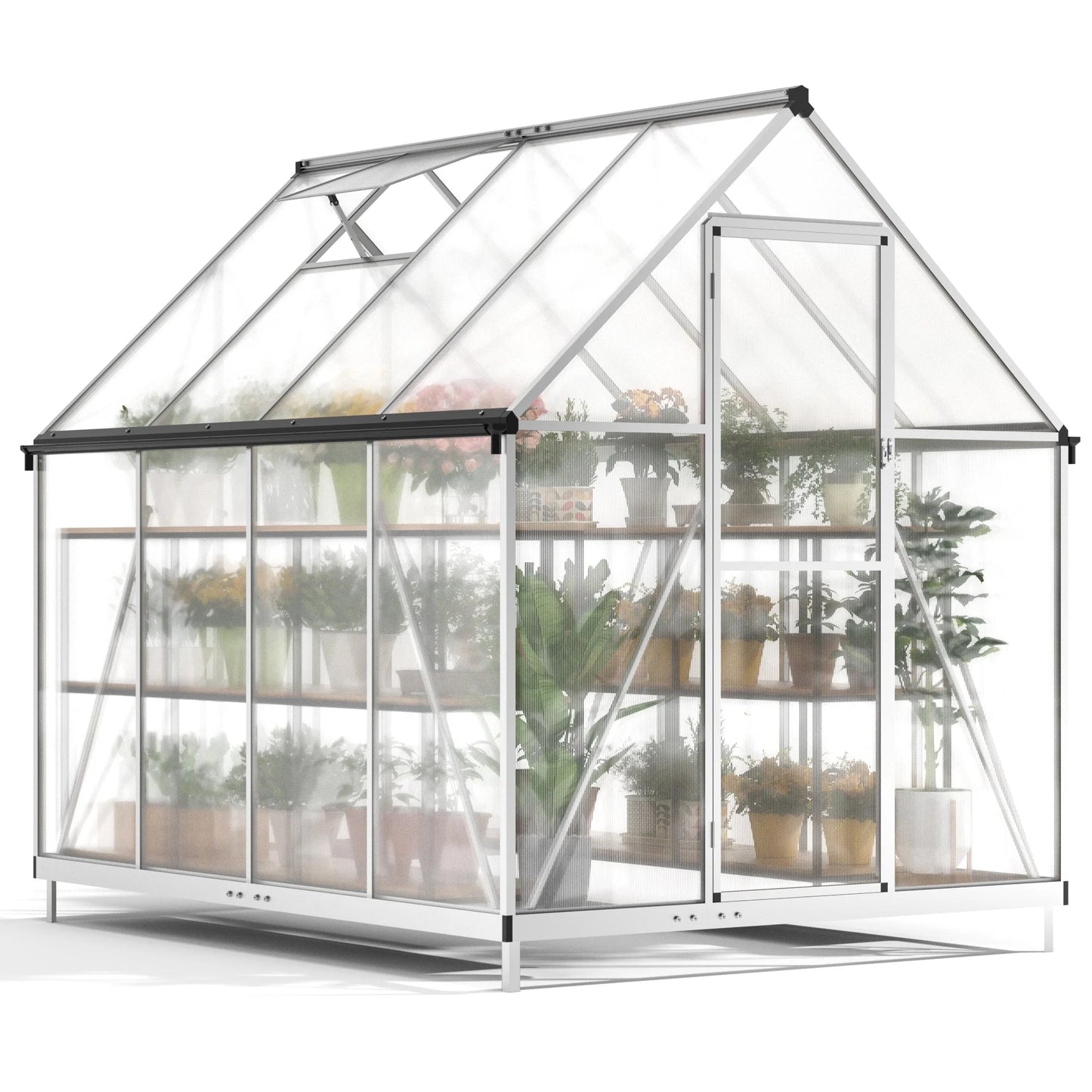 Premium 6x8 Walk - In Polycarbonate Greenhouse with Silver Frame, Roof Vent, and Lockable Doors - Nourishment Tapestry