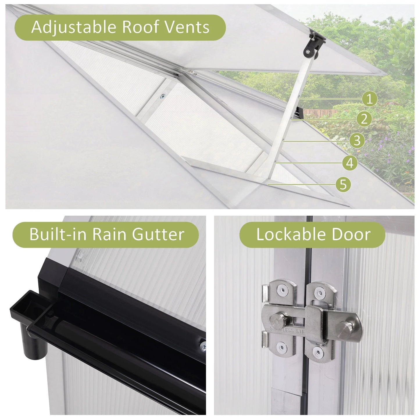 Premium 6x8 Walk - In Polycarbonate Greenhouse with Silver Frame, Roof Vent, and Lockable Doors - Nourishment Tapestry