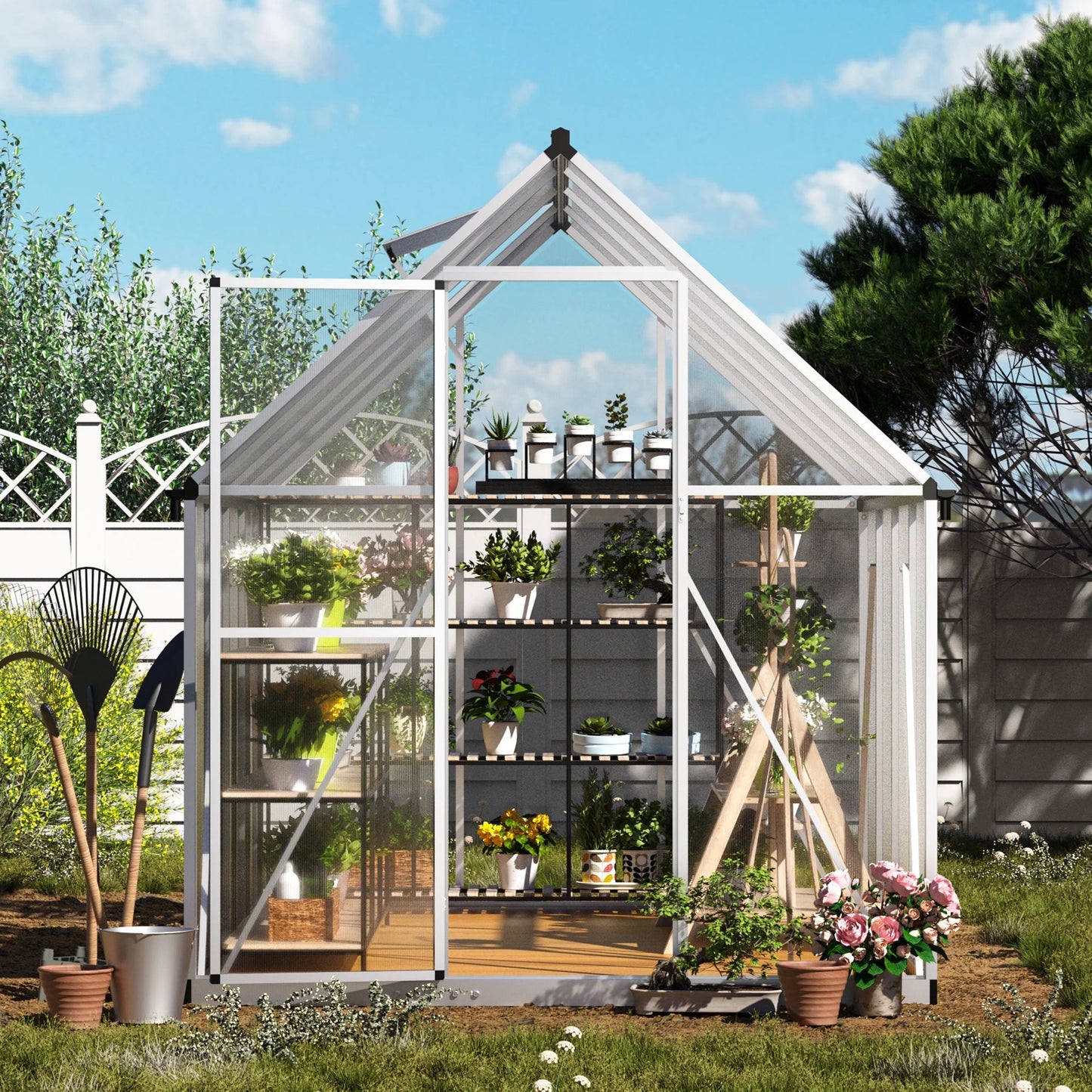 Premium 6x8 Walk - In Polycarbonate Greenhouse with Silver Frame, Roof Vent, and Lockable Doors - Nourishment Tapestry