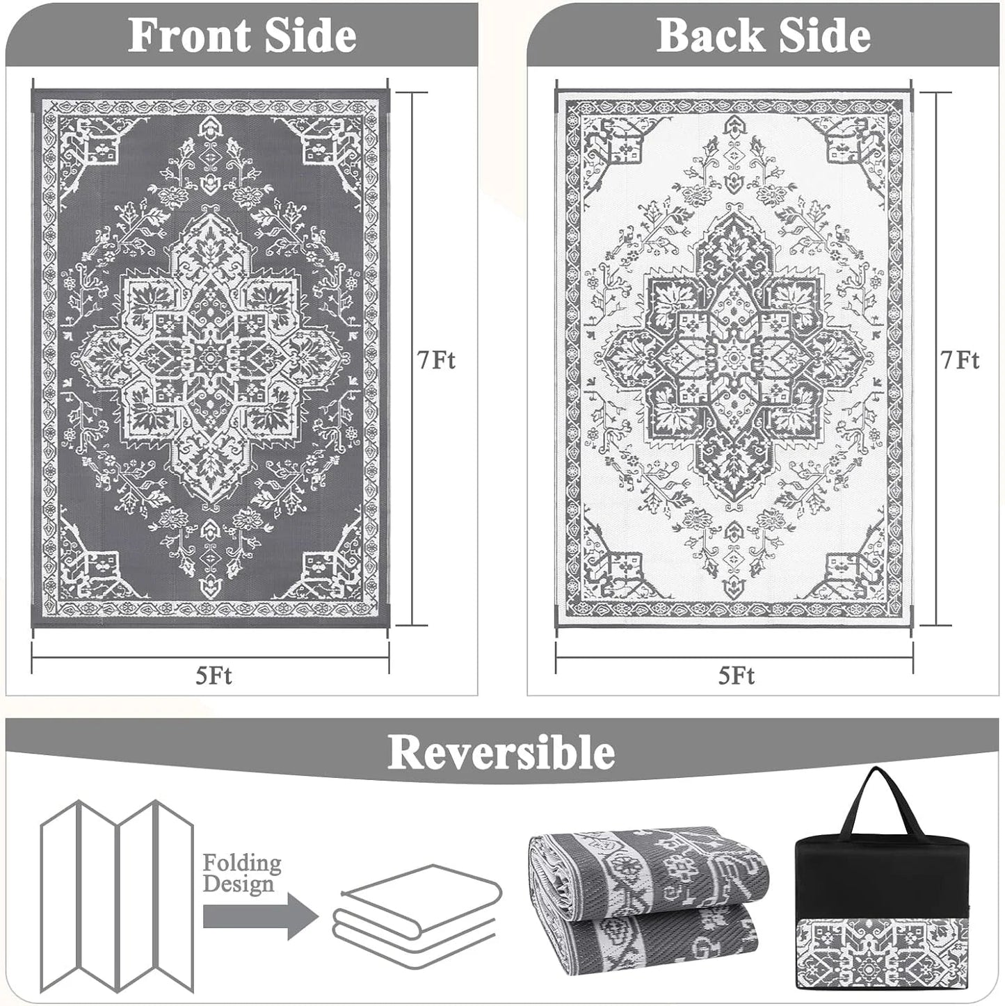 Reversible Gray Outdoor Rug 5x7: Versatile Mat for RV, Camping, Patio & Beach - Nourishment Tapestry