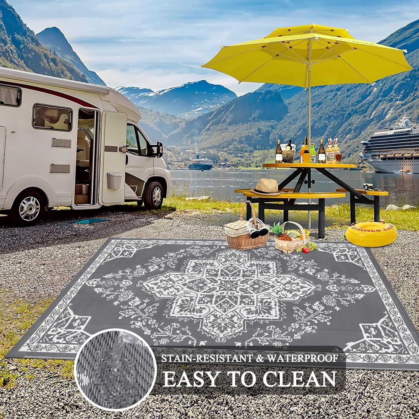 Reversible Gray Outdoor Rug 5x7: Versatile Mat for RV, Camping, Patio & Beach - Nourishment Tapestry