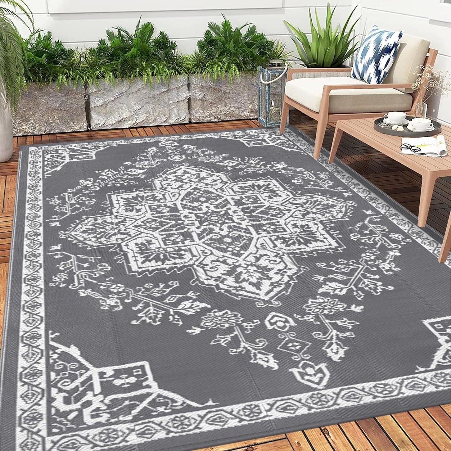 Reversible Gray Outdoor Rug 5x7: Versatile Mat for RV, Camping, Patio & Beach - Nourishment Tapestry