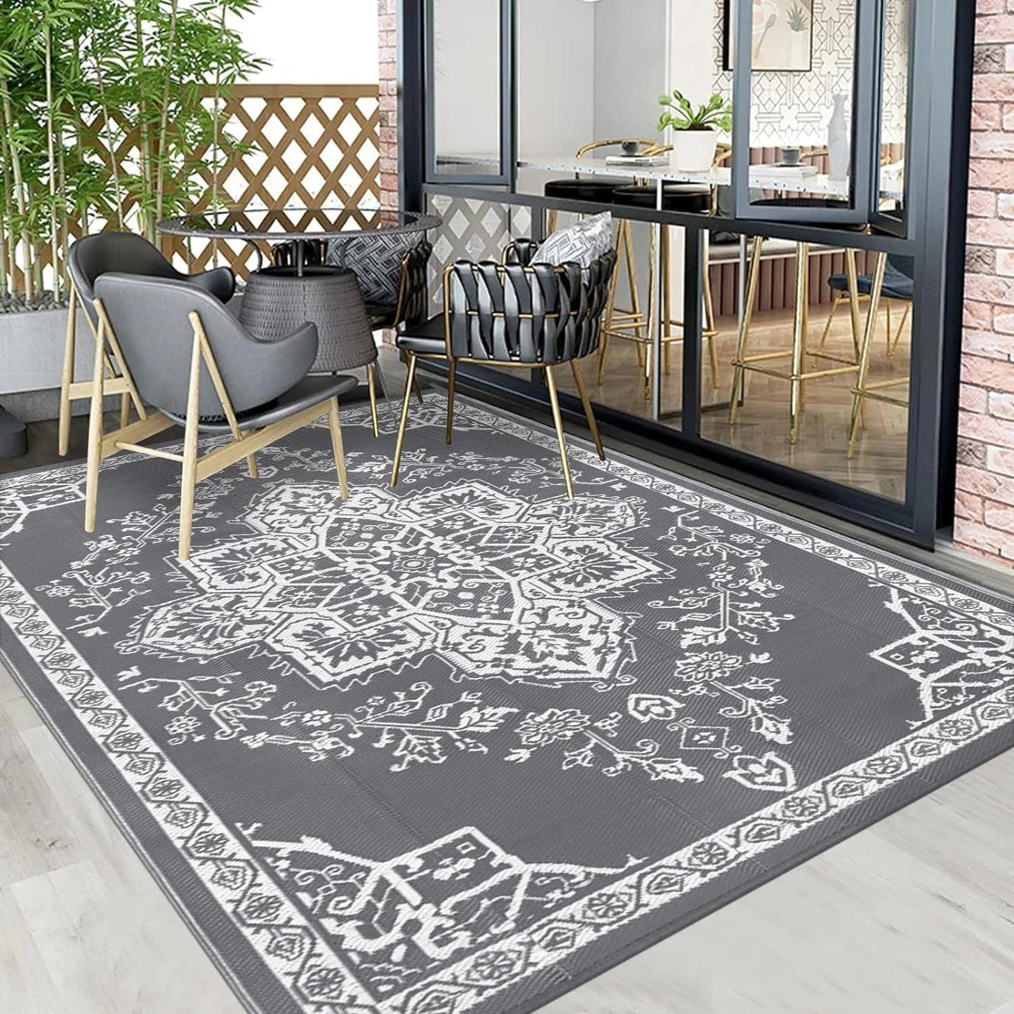 Reversible Gray Outdoor Rug 5x7: Versatile Mat for RV, Camping, Patio & Beach - Nourishment Tapestry