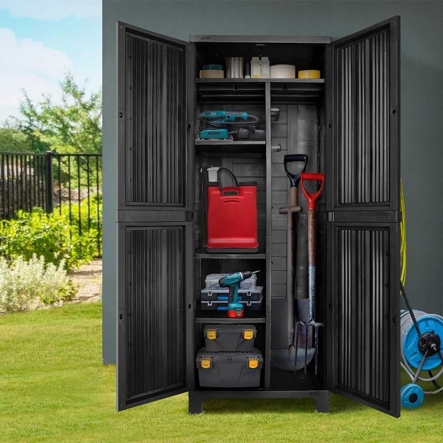 Secure 173cm Garden Shed: Lockable, Adjustable, Black Storage Cabinet for Outdoor Use - Nourishment Tapestry
