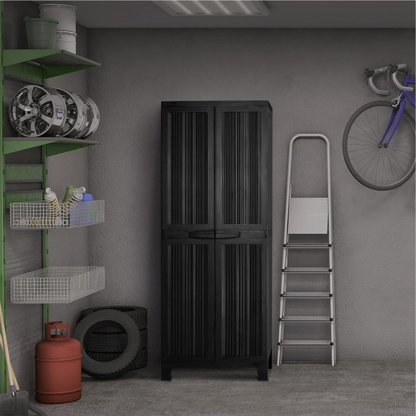 Secure 173cm Garden Shed: Lockable, Adjustable, Black Storage Cabinet for Outdoor Use - Nourishment Tapestry