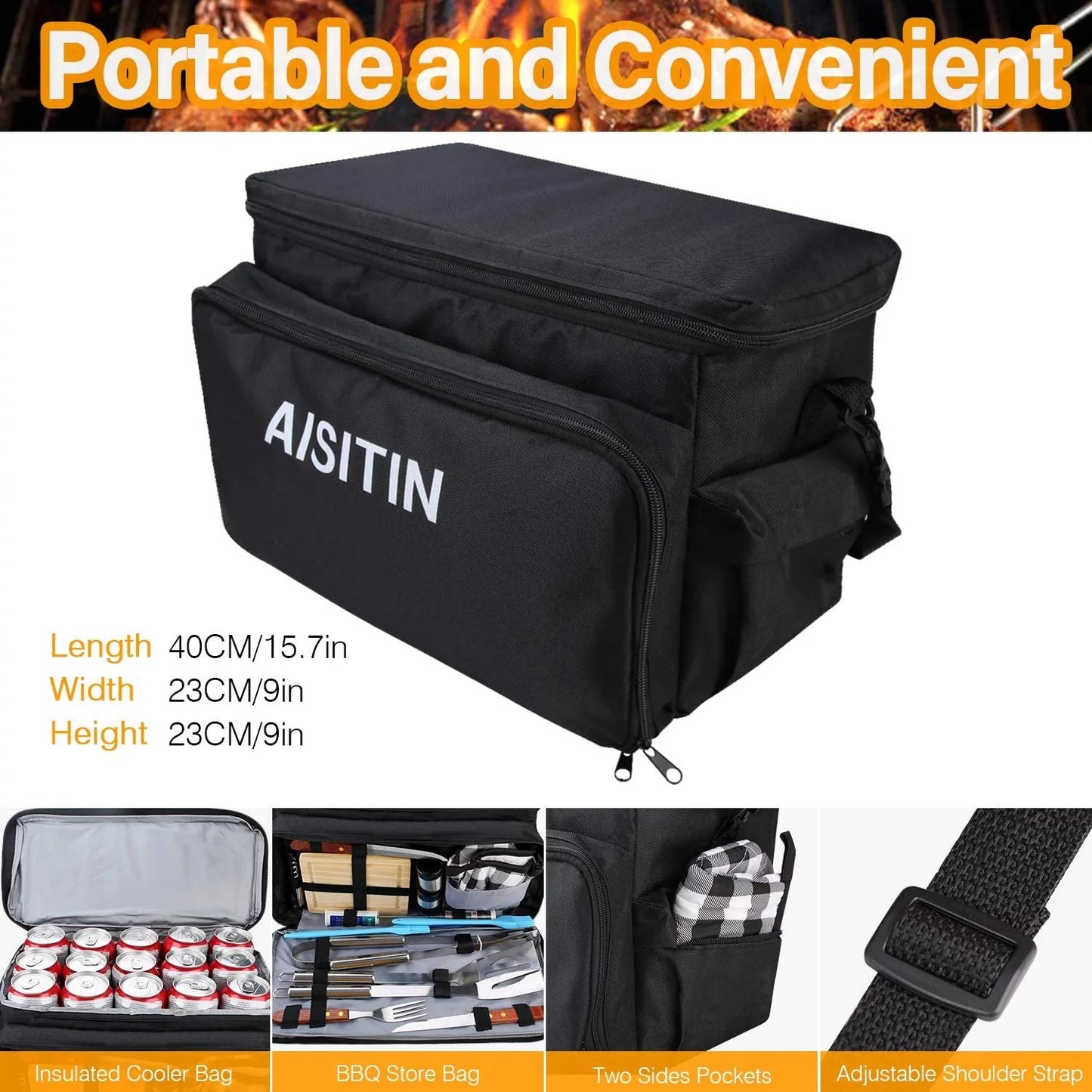 Ultimate 20 - Piece BBQ Grill Accessories Set with Stainless Steel Utensils and Cooler Bag for Camping and Outdoor Cooking - Nourishment Tapestry