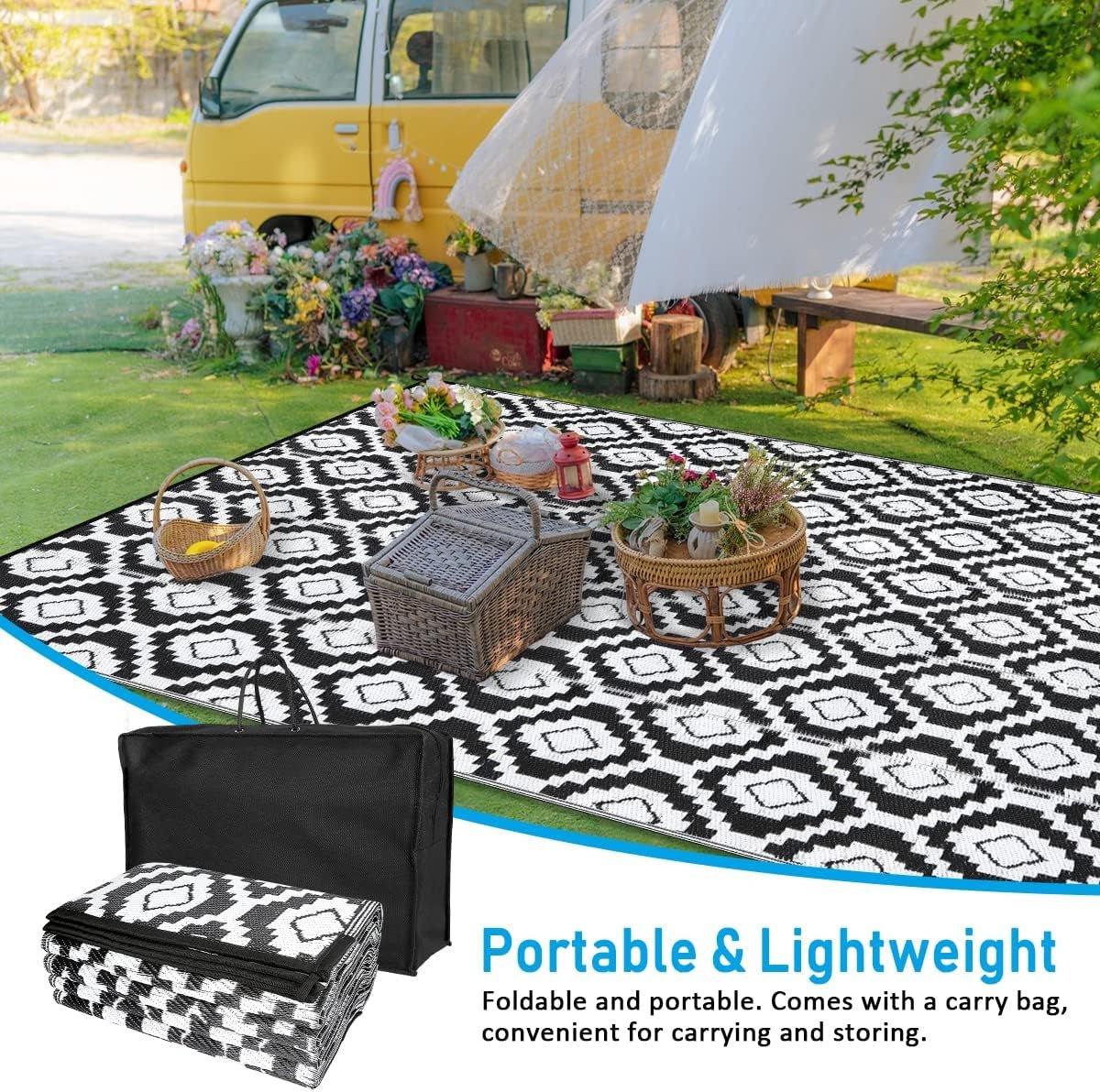 Waterproof 9x12 Reversible Outdoor Rug: Black/White Mat for Patio, Camping, RV, Backyard - Durable & Stylish Outdoor Rug - Nourishment Tapestry