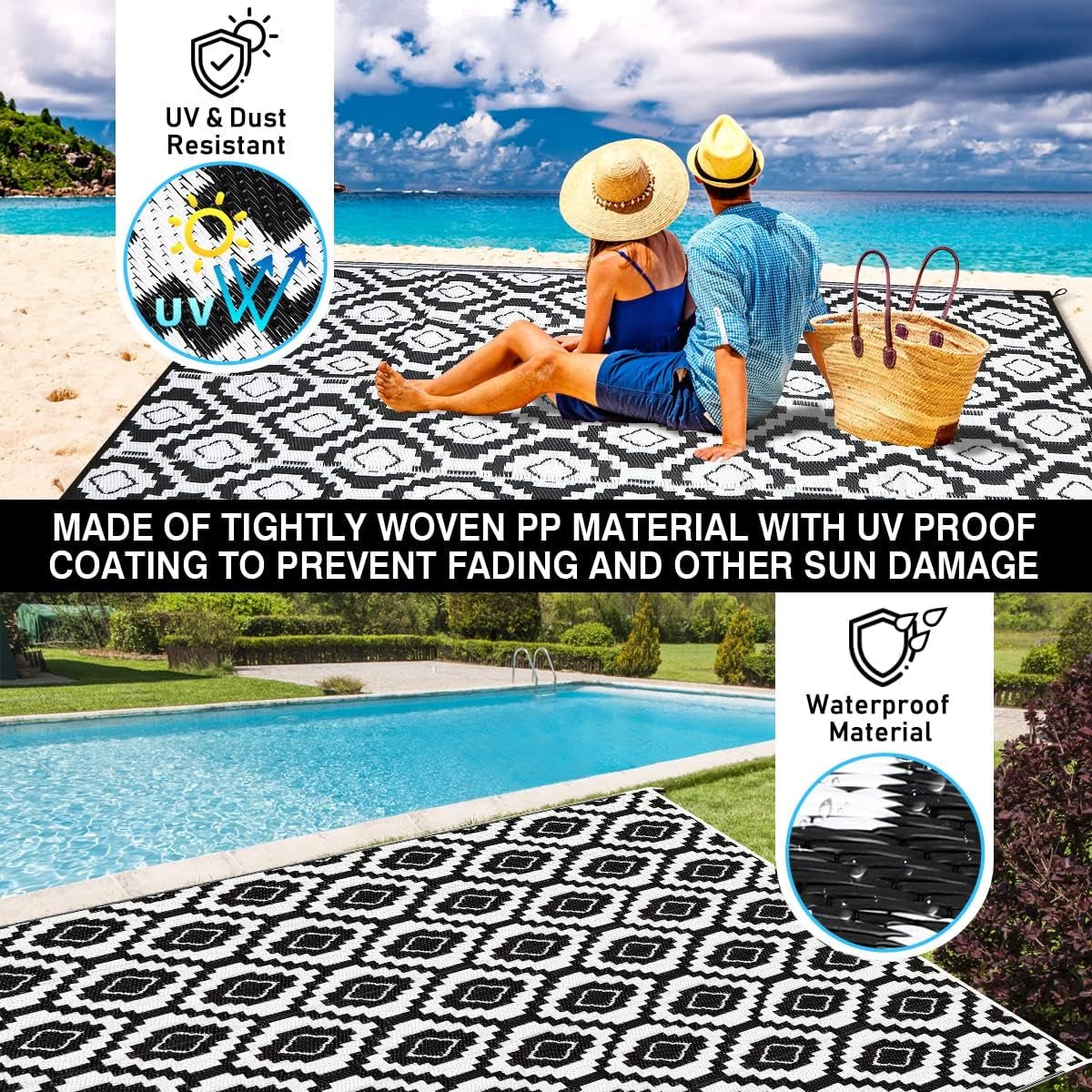 Waterproof 9x12 Reversible Outdoor Rug: Black/White Mat for Patio, Camping, RV, Backyard - Durable & Stylish Outdoor Rug - Nourishment Tapestry