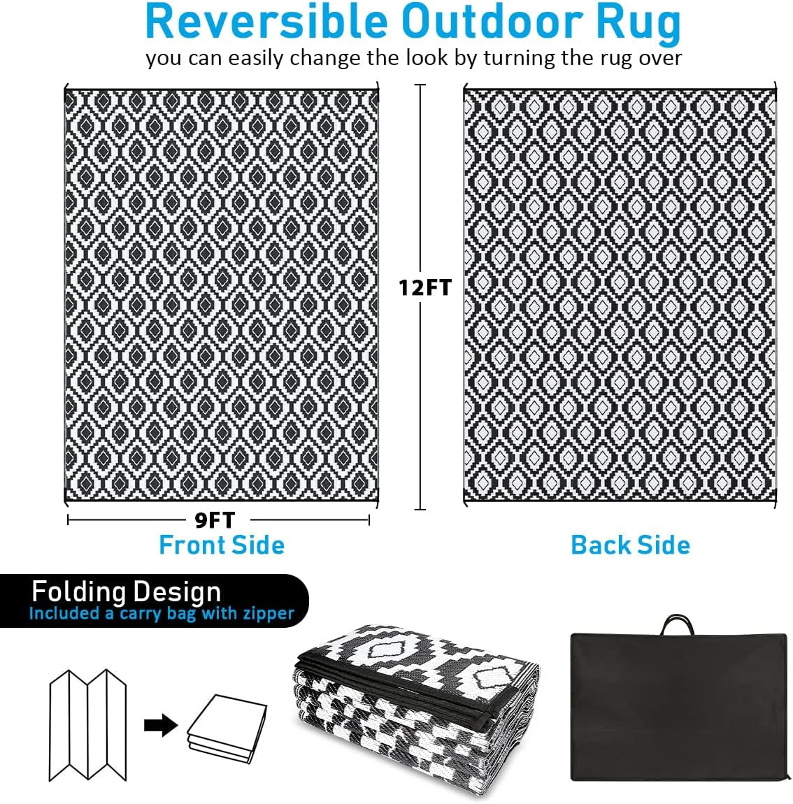 Waterproof 9x12 Reversible Outdoor Rug: Black/White Mat for Patio, Camping, RV, Backyard - Durable & Stylish Outdoor Rug - Nourishment Tapestry