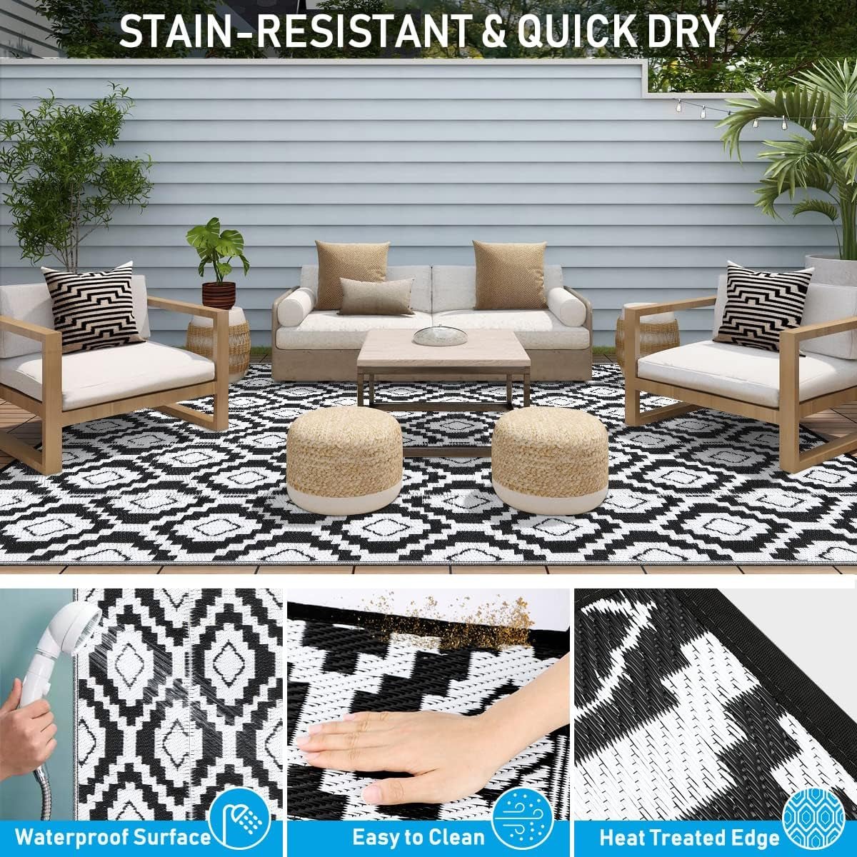 Waterproof 9x12 Reversible Outdoor Rug: Black/White Mat for Patio, Camping, RV, Backyard - Durable & Stylish Outdoor Rug - Nourishment Tapestry