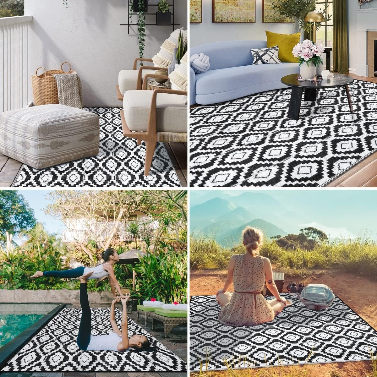 Waterproof 9x12 Reversible Outdoor Rug: Black/White Mat for Patio, Camping, RV, Backyard - Durable & Stylish Outdoor Rug - Nourishment Tapestry