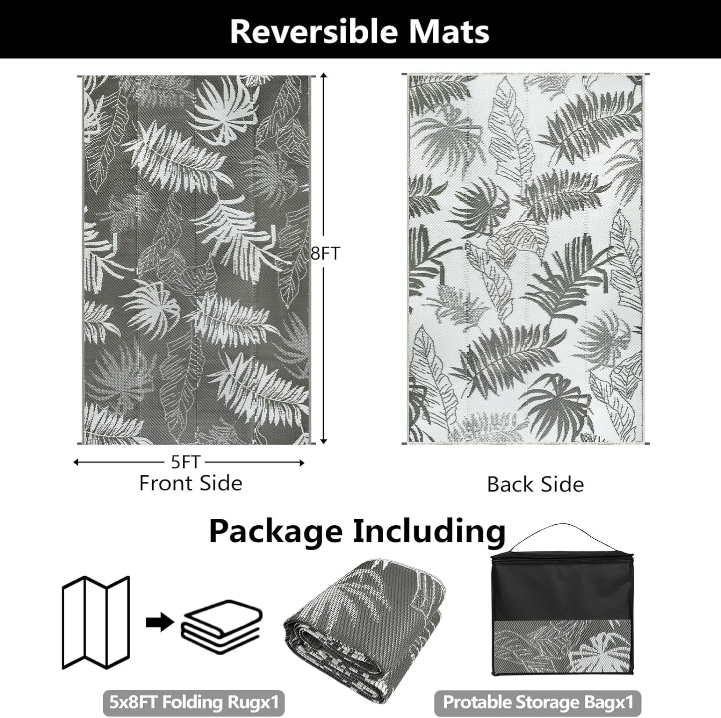 Waterproof Reversible Outdoor Rug 150x245cm: Grey Mat for Patio, Camping, RV & Picnic - Nourishment Tapestry