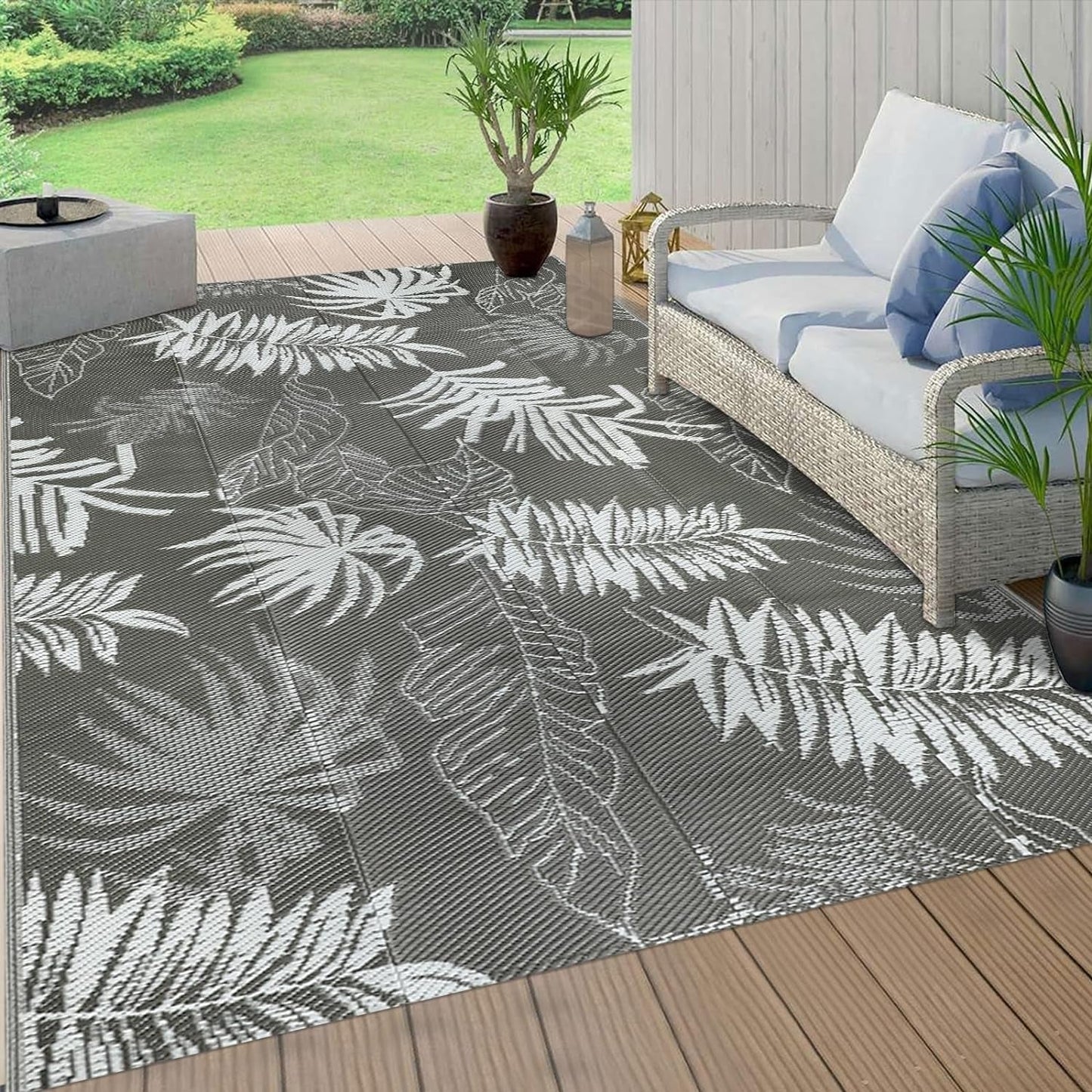Waterproof Reversible Outdoor Rug 150x245cm: Grey Mat for Patio, Camping, RV & Picnic - Nourishment Tapestry