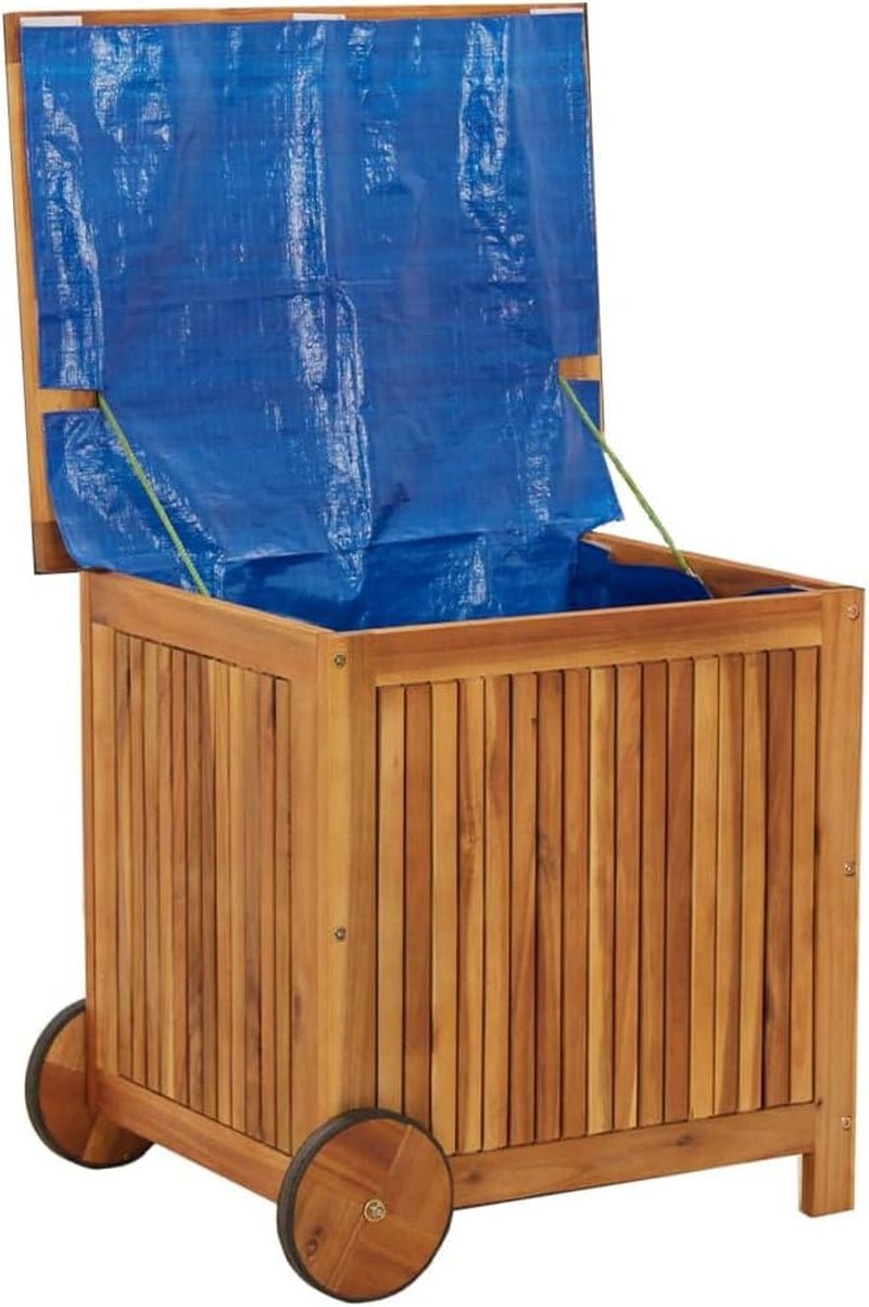 Weatherproof Acacia Wood Garden Storage Box: Outdoor Rolling Cushion Organizer - Nourishment Tapestry