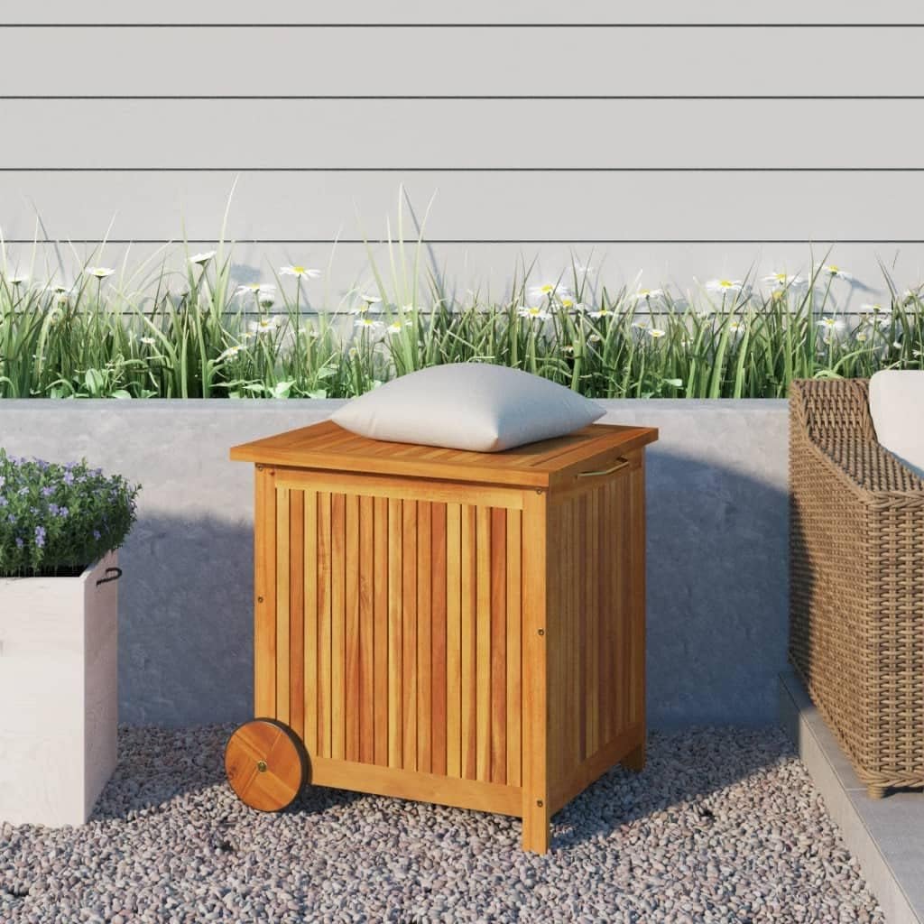Weatherproof Acacia Wood Garden Storage Box: Outdoor Rolling Cushion Organizer - Nourishment Tapestry