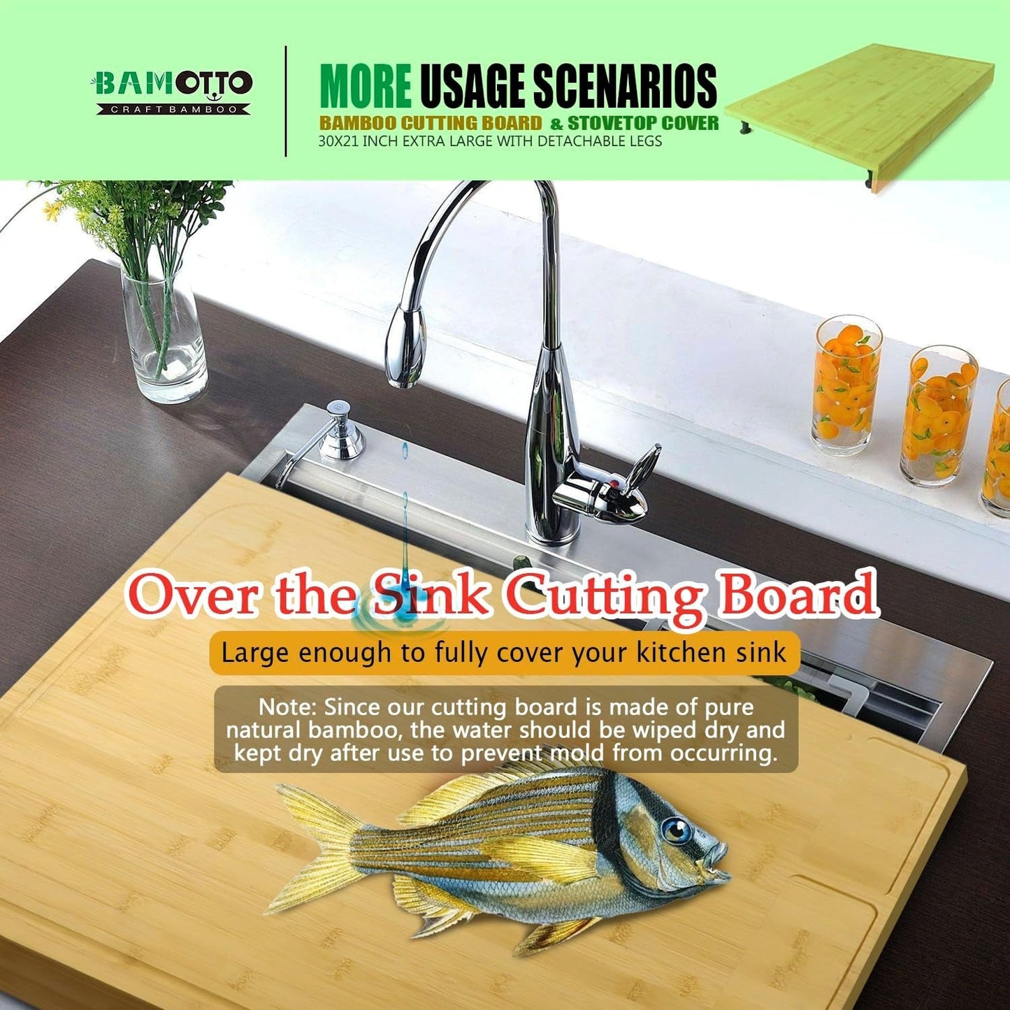 XL Bamboo Cutting Board & Stove Cover 30x21: Kitchen Multitool for Chopping & Cooking - Nourishment Tapestry