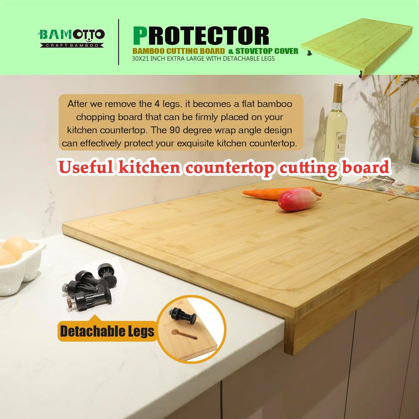 XL Bamboo Cutting Board & Stove Cover 30x21: Kitchen Multitool for Chopping & Cooking - Nourishment Tapestry