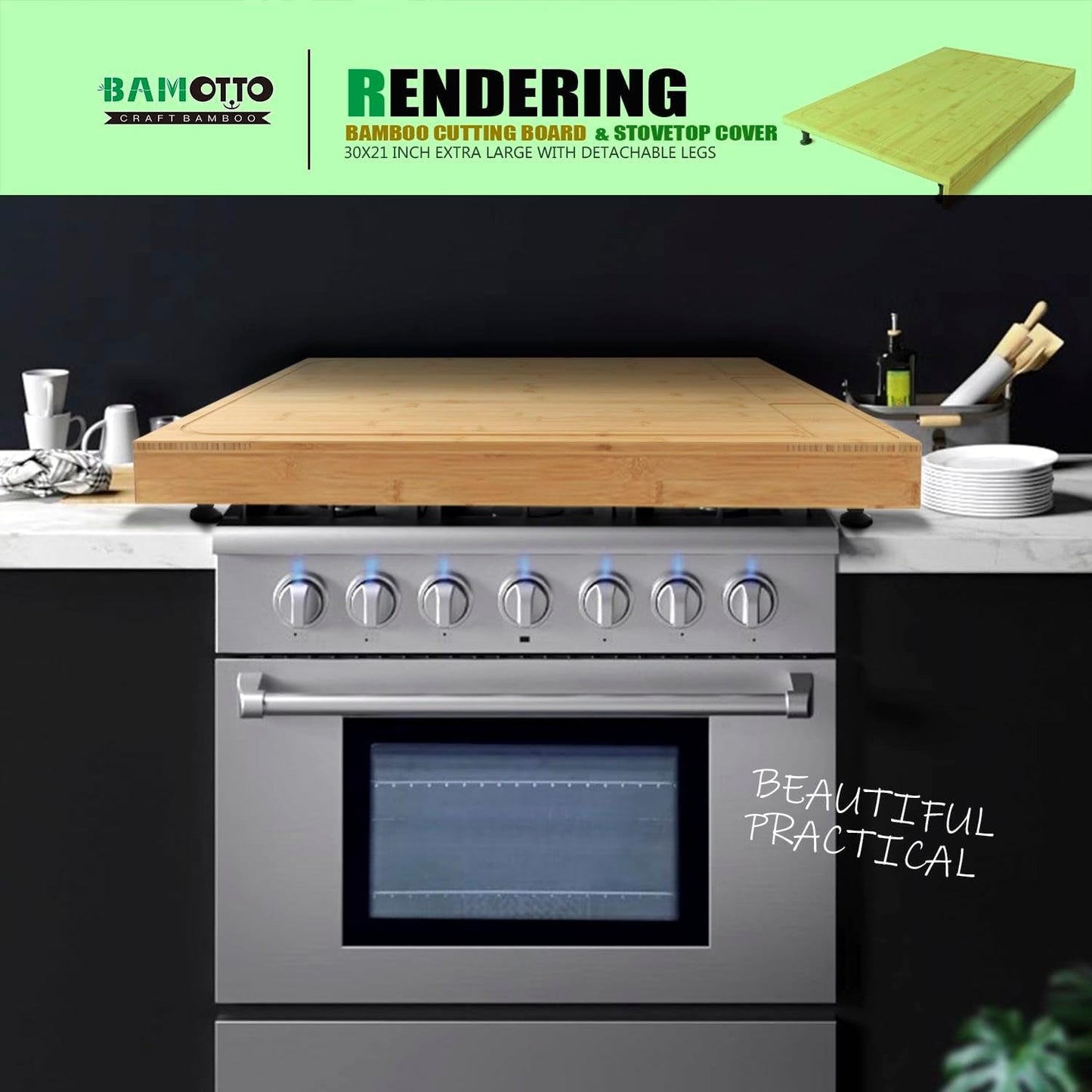 XL Bamboo Cutting Board & Stove Cover 30x21: Kitchen Multitool for Chopping & Cooking - Nourishment Tapestry