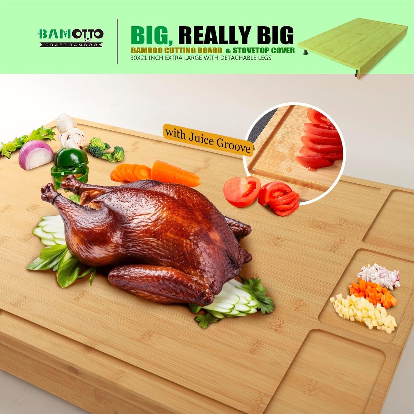 XL Bamboo Cutting Board & Stove Cover 30x21: Kitchen Multitool for Chopping & Cooking - Nourishment Tapestry