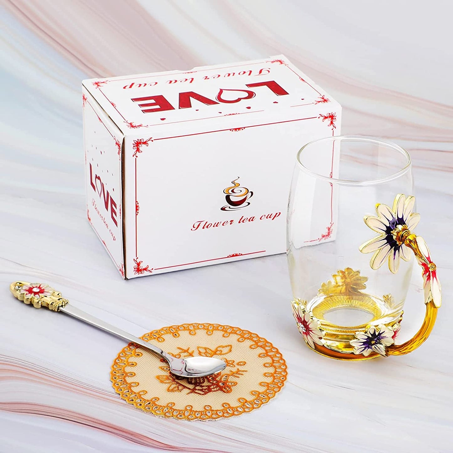 Yellow Flower Glass Tea Coffee Cup Set - Perfect Gift for Her on Special Occasions - Shop Now! - Nourishment Tapestry