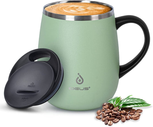 16 Oz Insulated Coffee Mug with Handle and Lid, Double Wall Stainless Steel Vacuum Thermal Coffee Mug, Travel Coffee Cup Thermal Cup for Home and Office, Avocado Green - Nourishing Tapestry