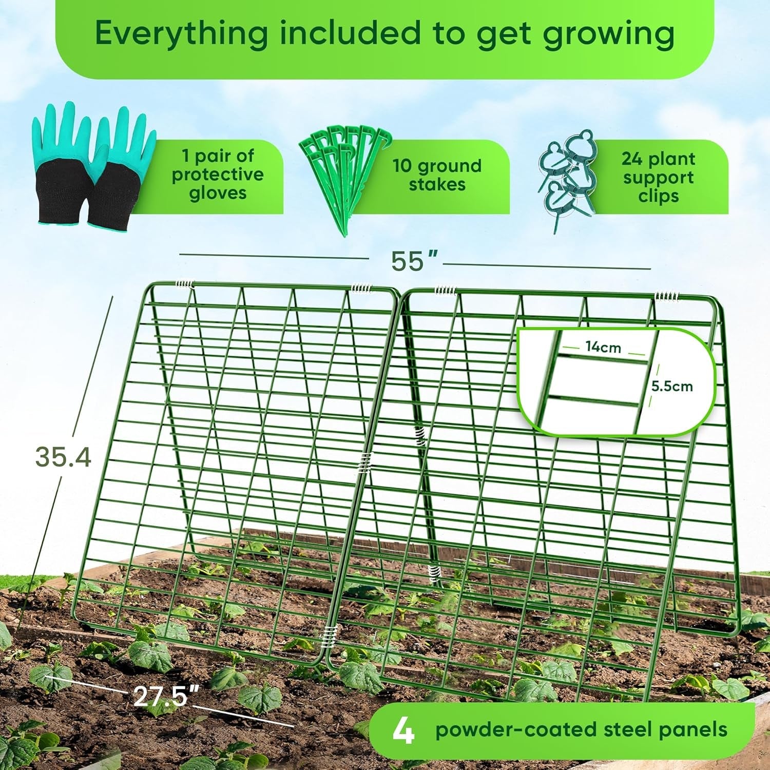 35" X 55" Cucumber Trellis: Raised Bed Garden Support for Climbing Vegetables with Clips & Gloves - Nourishing Tapestry